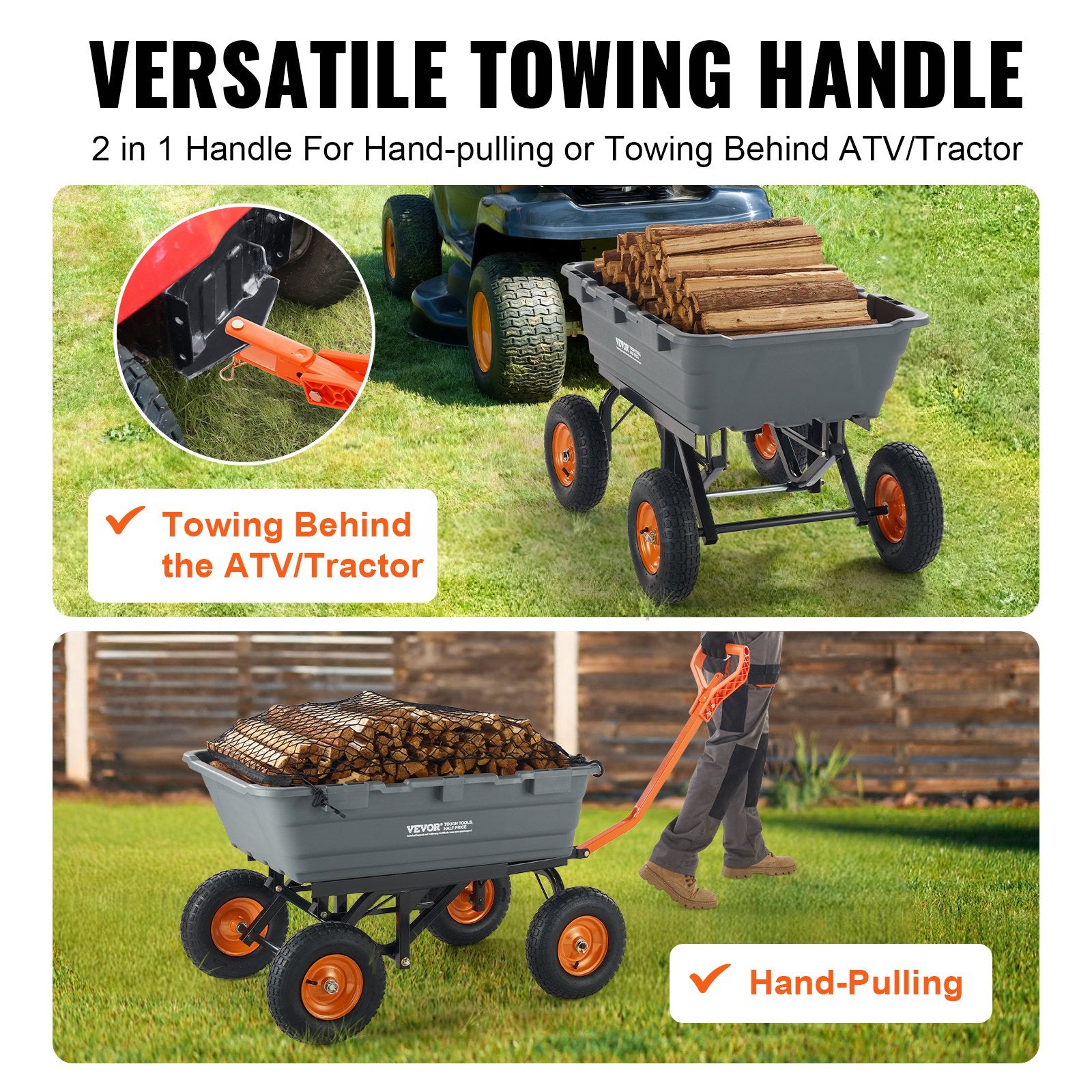 Dump Cart, Poly Garden Dump Cart with Easy to Assemble Steel Frame, Dump Wagon with 2-in-1 Convertible Handle, Utility Wheelbarrow 1500 lbs Capacity, 13 inch Tires