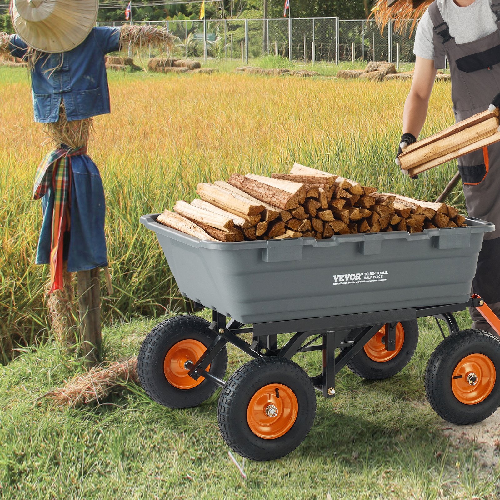 Dump Cart, Poly Garden Dump Cart with Easy to Assemble Steel Frame, Dump Wagon with 2-in-1 Convertible Handle, Utility Wheelbarrow 1500 lbs Capacity, 13 inch Tires