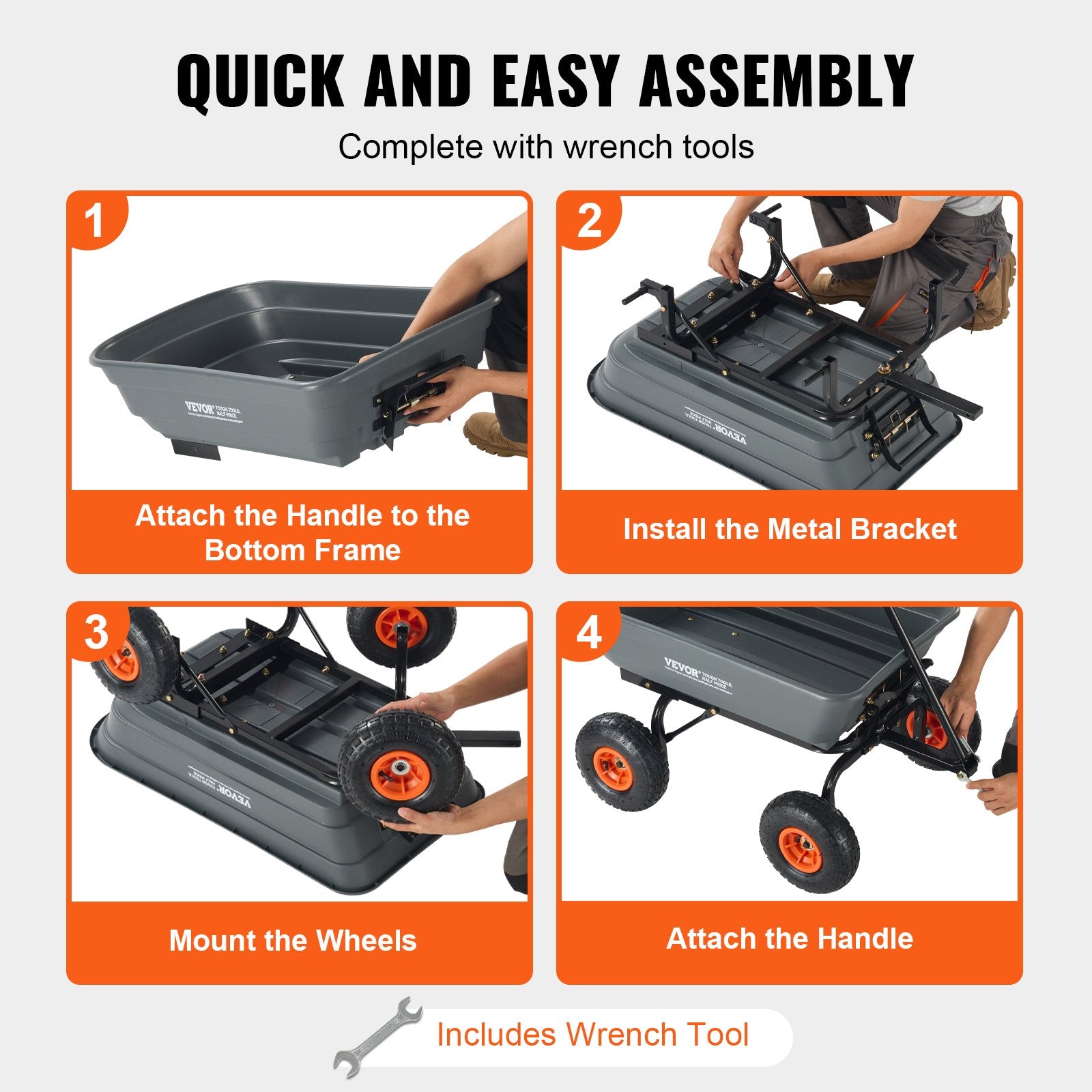 Dump Cart, Poly Garden Dump Cart with Easy to Assemble Steel Frame, Dump Wagon with 2-in-1 Convertible Handle, Utility Wheelbarrow 272kg/ 600lbs Capacity, 25.5cm/ 10 inch Tires