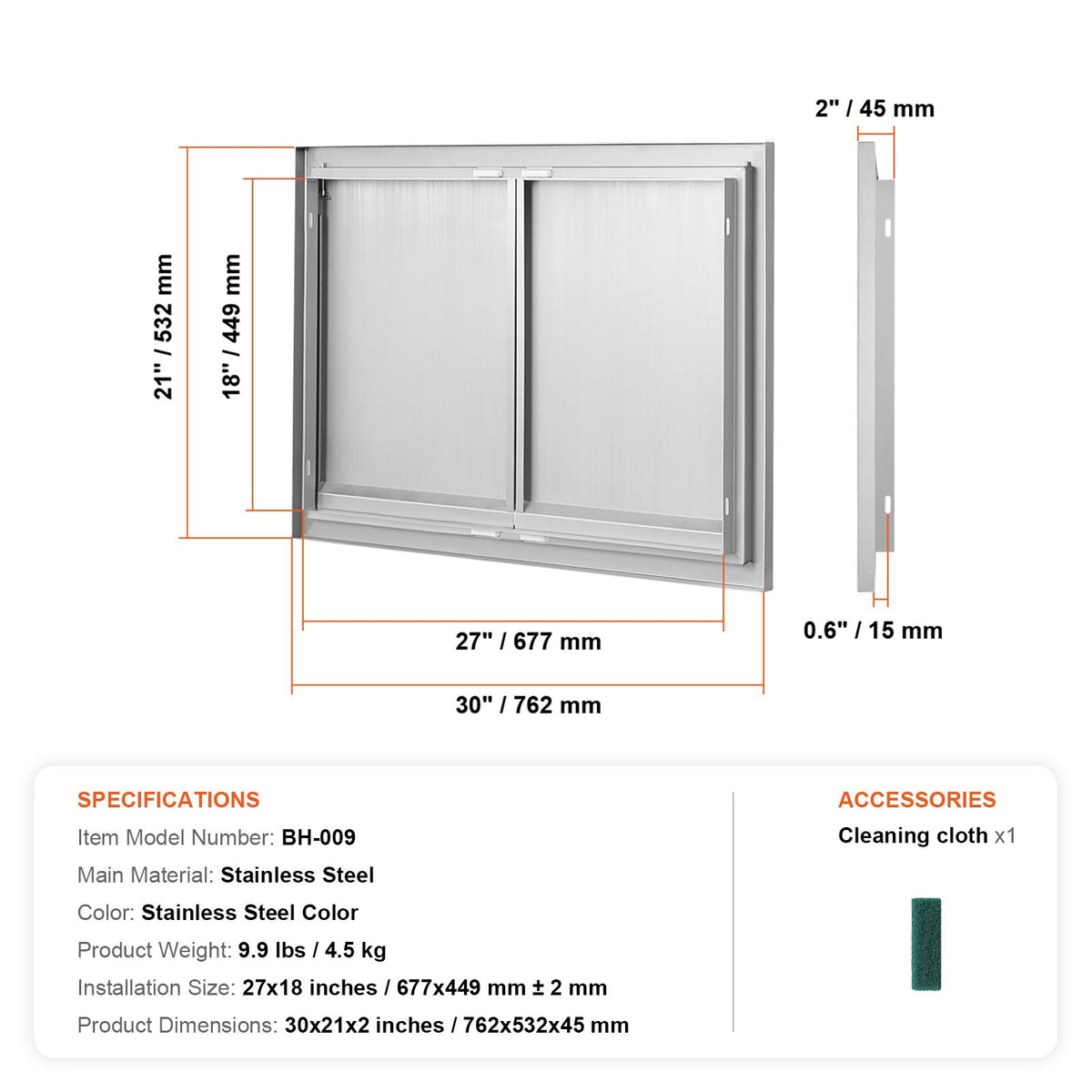 BBQ Access Door, 762x532 mm Double Outdoor Kitchen Door, Stainless Steel Flush Mount Door, Wall Vertical Door with Recessed Handles , for BBQ Island, Grilling Station, Outside Cabinet