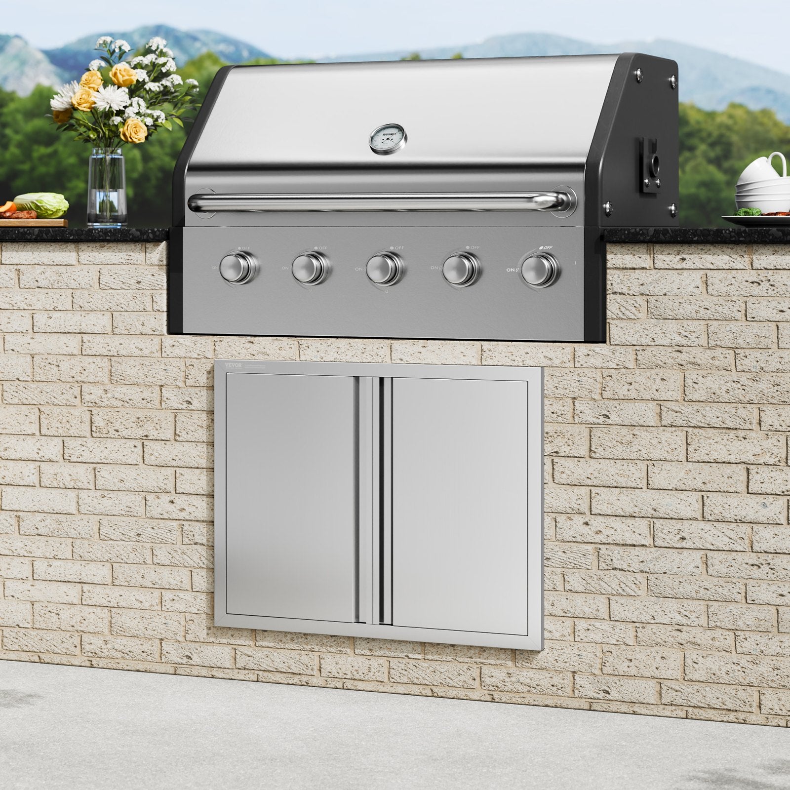 BBQ Access Door, 787x609 mm Double Outdoor Kitchen Door, Stainless Steel Flush Mount Door, Wall Vertical Door with Recessed Handles , for BBQ Island, Grilling Station, Outside Cabinet