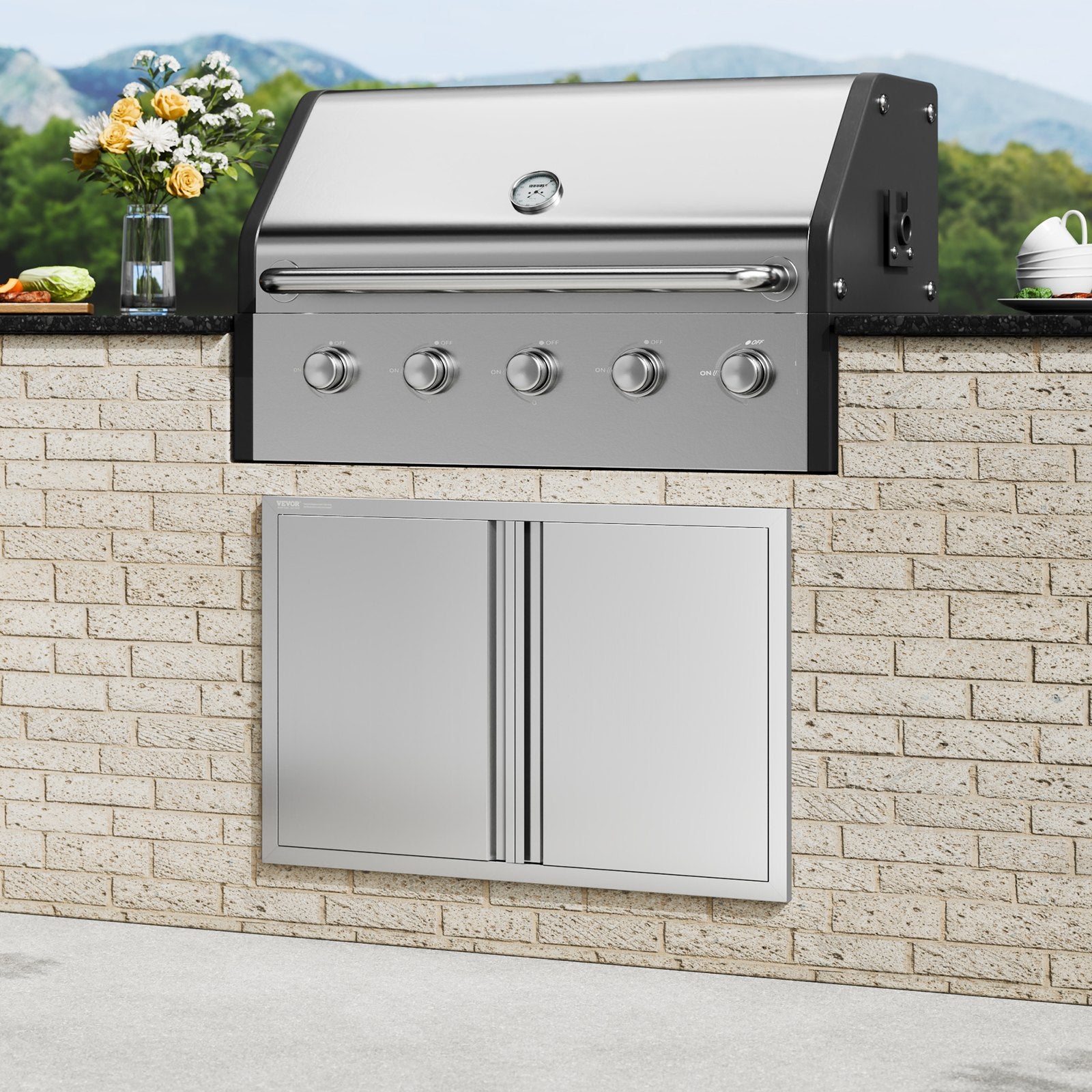 BBQ Access Door, 914x610 mm Double Outdoor Kitchen Door, Stainless Steel Flush Mount Door, Wall Vertical Door with Recessed Handles , for BBQ Island, Grilling Station, Outside Cabinet