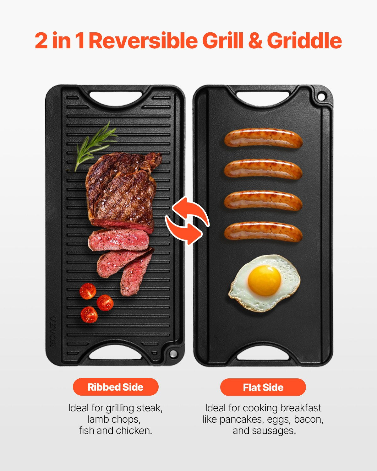 Paddles & Oars: VEVOR Reversible Grill/Griddle, 20x10 inch Pre-Seasoned Cast Iron Griddle, Portable Rectangular Pan with Handle, Family Cookware for Indoor/Outdoor Stove Top Burner, Gas, Camping BBQ, Black