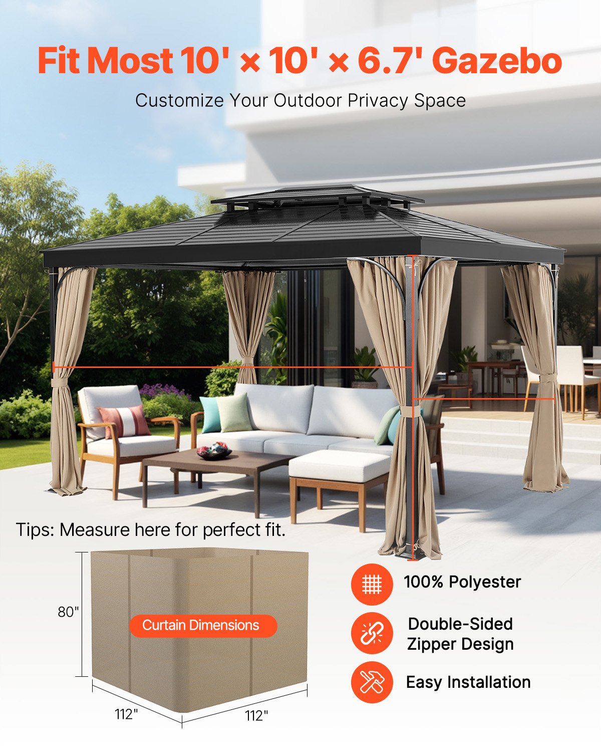 Curtains & Drapes: VEVOR Gazebo Curtains Outdoor, Fit Most 10' x 10' x 6.7' Gazebos, 4-Panel Sidewall Gazebo Privacy Curtains with Zippers, Outdoor Curtain Replacement for Patio Canopy, Only Curtain, Khaki