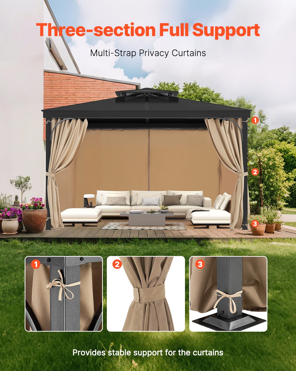 Curtains & Drapes: VEVOR Gazebo Curtains Outdoor, Fit Most 10' x 10' x 6.7' Gazebos, 4-Panel Sidewall Gazebo Privacy Curtains with Zippers, Outdoor Curtain Replacement for Patio Canopy, Only Curtain, Khaki