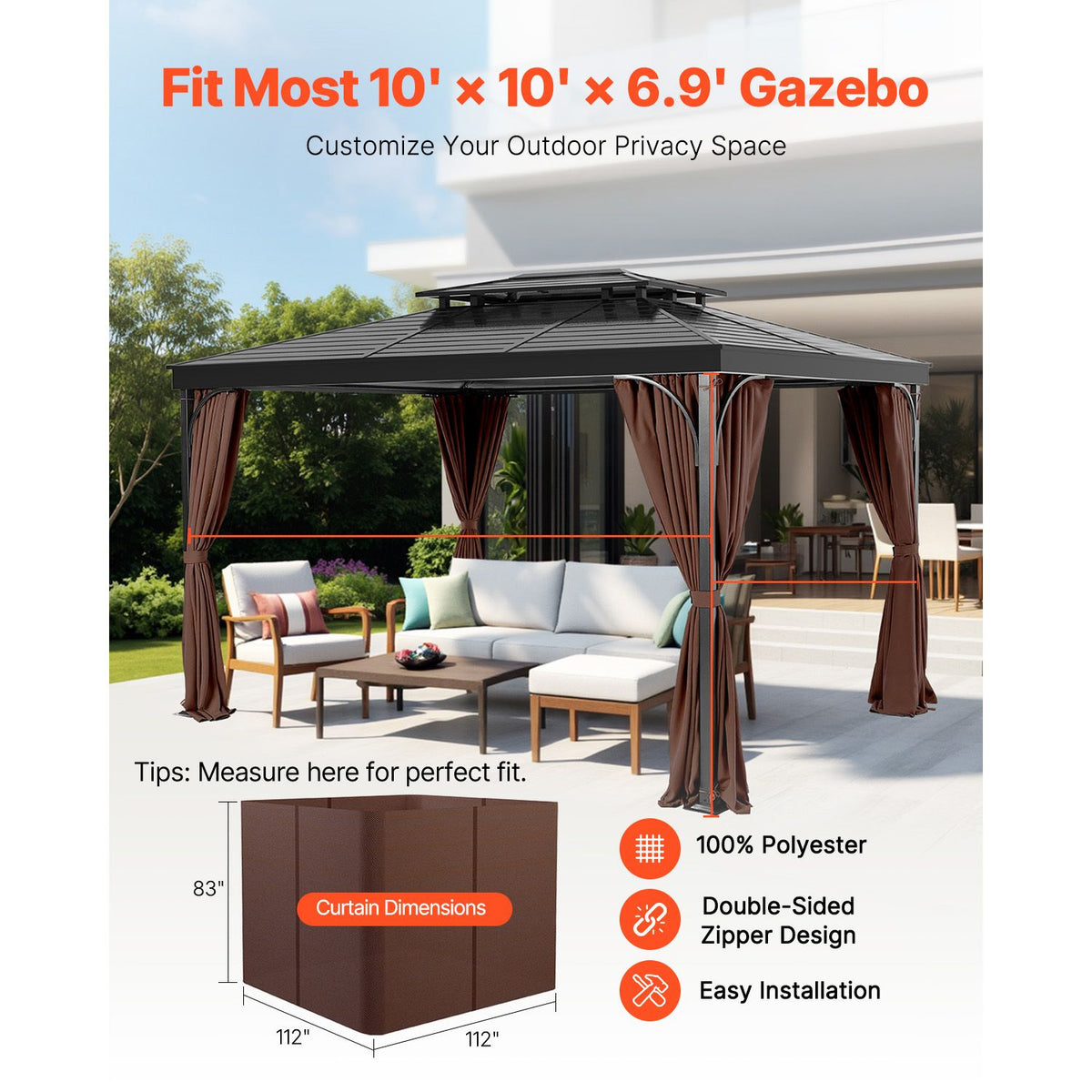 Gazebo Curtains Outdoor, Fit Most 2840 x 2840 x 2110 mm Gazebos, 4-Panel Sidewall Gazebo Privacy Curtains with Zippers, Outdoor Curtain Replacement for Patio Canopy, Only Curtain, Coffee