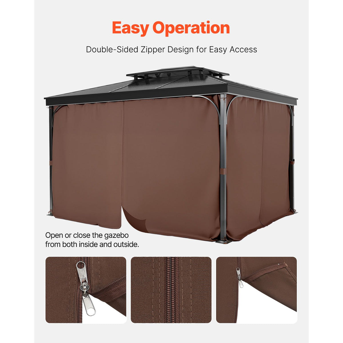 Gazebo Curtains Outdoor, Fit Most 2840 x 2840 x 2110 mm Gazebos, 4-Panel Sidewall Gazebo Privacy Curtains with Zippers, Outdoor Curtain Replacement for Patio Canopy, Only Curtain, Coffee