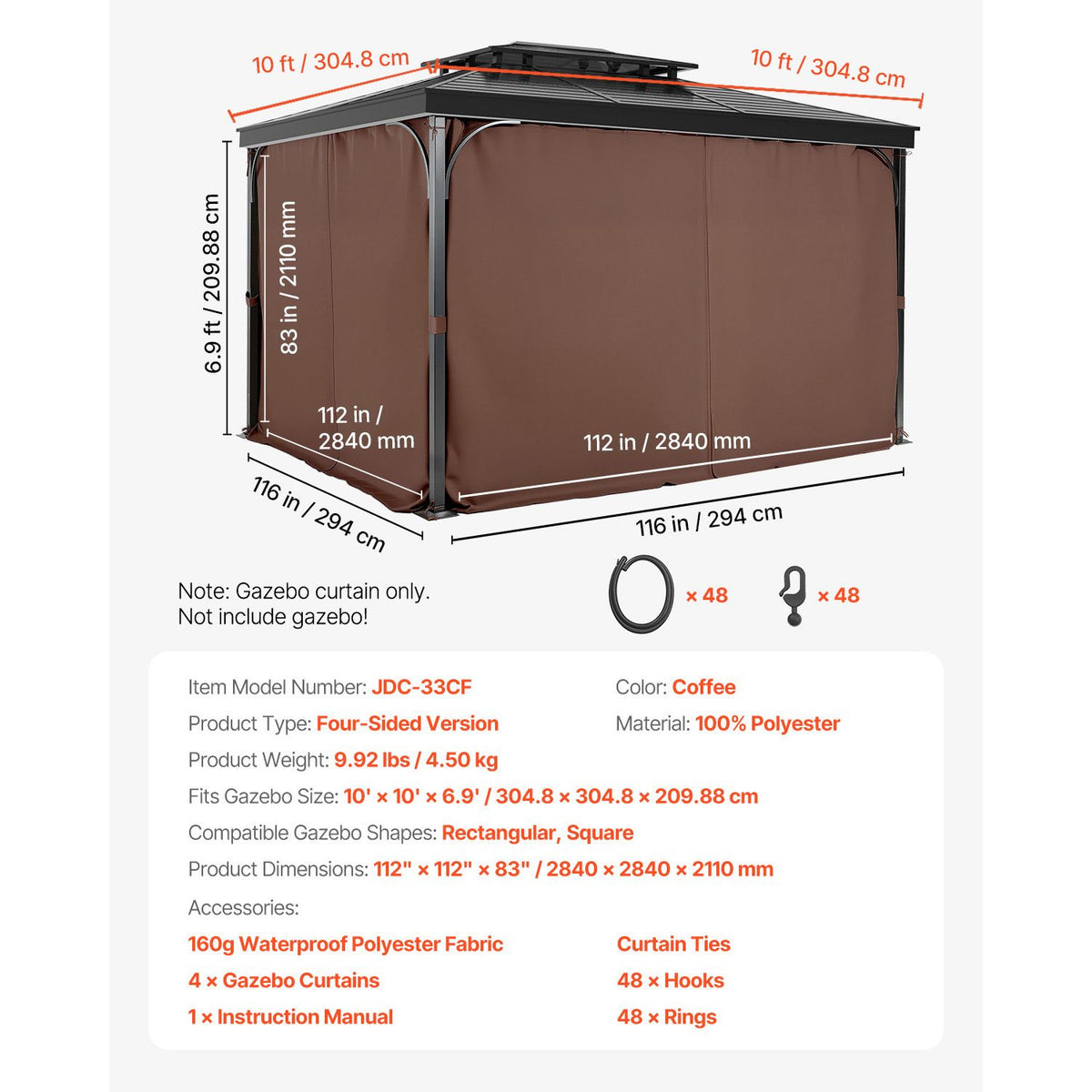 Gazebo Curtains Outdoor, Fit Most 2840 x 2840 x 2110 mm Gazebos, 4-Panel Sidewall Gazebo Privacy Curtains with Zippers, Outdoor Curtain Replacement for Patio Canopy, Only Curtain, Coffee
