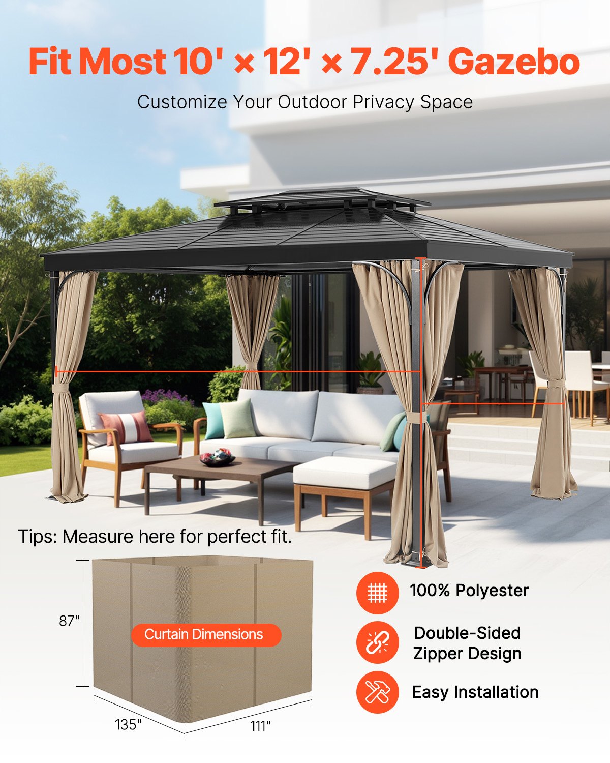 Curtains & Drapes: VEVOR Gazebo Curtains Outdoor, 12' x 10' x 7.3' Gazebos, 4-Panel Sidewall Gazebo Privacy Curtains with Zippers, Outdoor Curtain Replacement for Patio Canopy, Only Curtain, Khaki