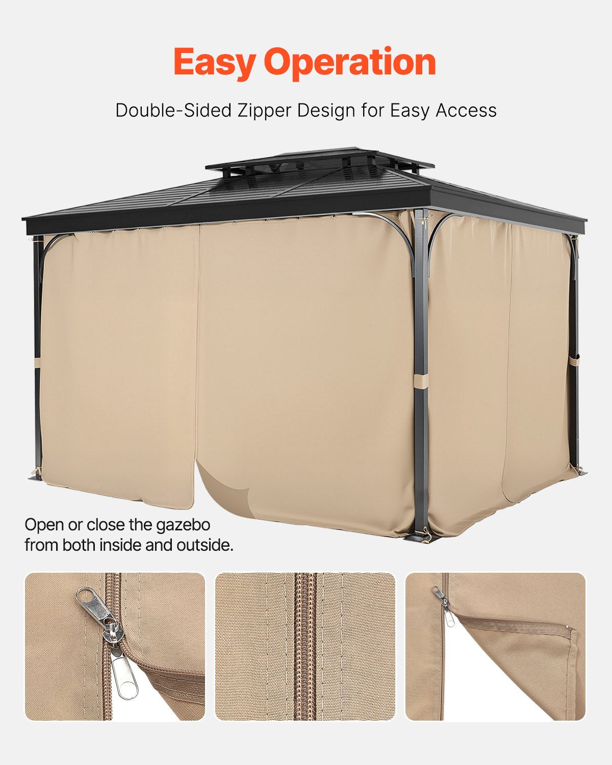 Curtains & Drapes: VEVOR Gazebo Curtains Outdoor, 12' x 10' x 7.3' Gazebos, 4-Panel Sidewall Gazebo Privacy Curtains with Zippers, Outdoor Curtain Replacement for Patio Canopy, Only Curtain, Khaki