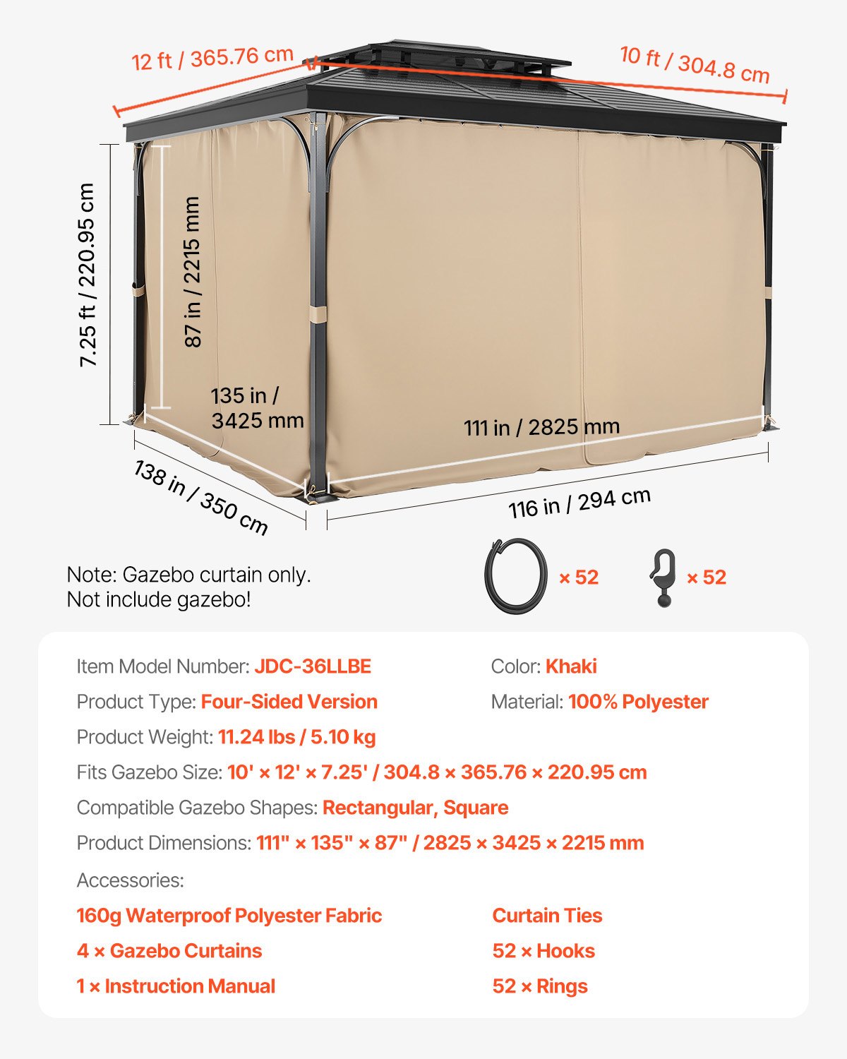 Curtains & Drapes: VEVOR Gazebo Curtains Outdoor, 12' x 10' x 7.3' Gazebos, 4-Panel Sidewall Gazebo Privacy Curtains with Zippers, Outdoor Curtain Replacement for Patio Canopy, Only Curtain, Khaki