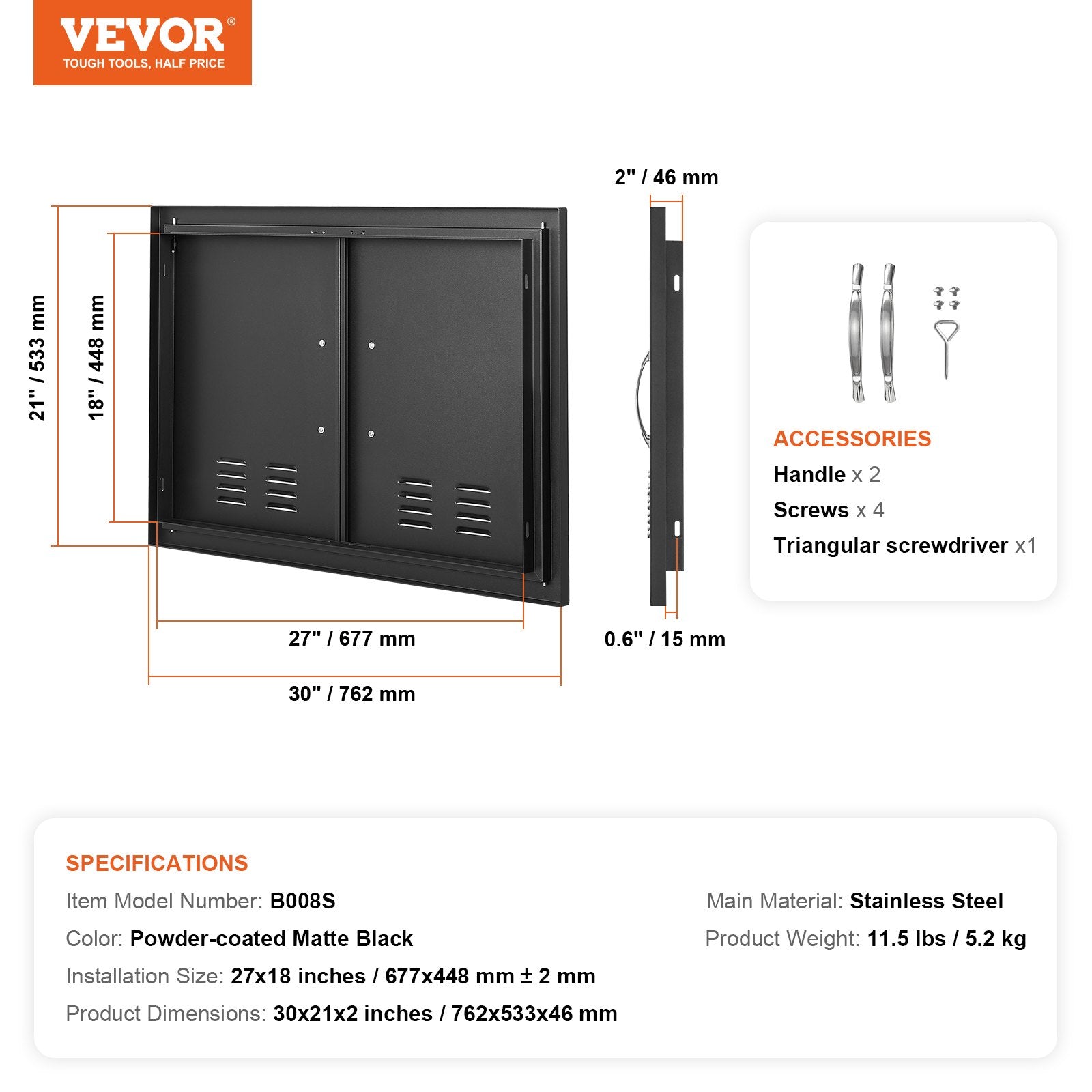 BBQs & Accessories: VEVOR BBQ Access Door,762 x533 mm Double Outdoor Kitchen Door, Cold Plate Flush Mount Door, Wall Vertical Door with Handles and Ventss, for BBQ Island, Grilling Station, Outside Cabinet