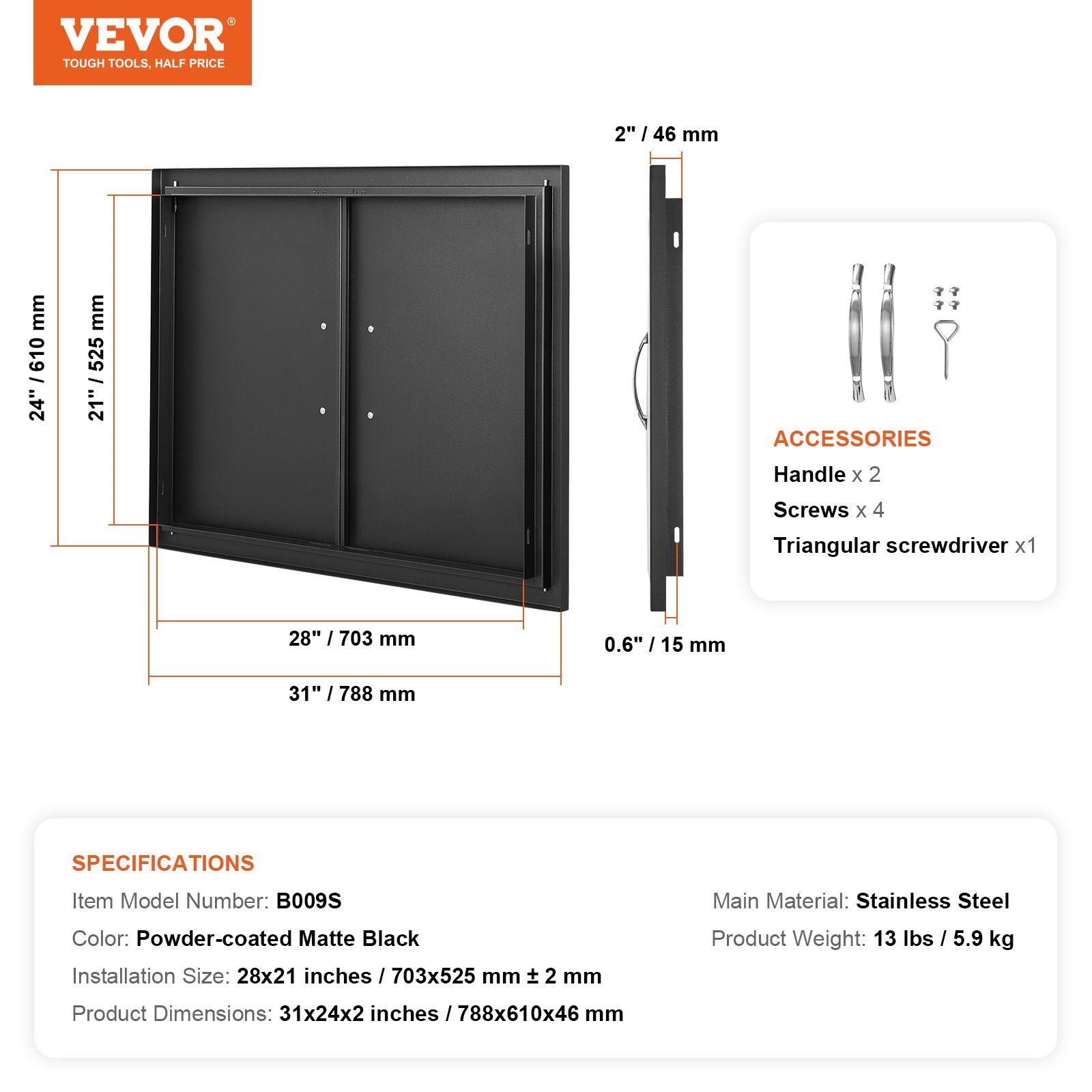 BBQs & Accessories: VEVOR BBQ Access Door, 788x610 mm Double Outdoor Kitchen Door, Cold Plate Flush Mount Door, Wall Vertical Door with Handles, for BBQ Island, Grilling Station, Outside Cabinet