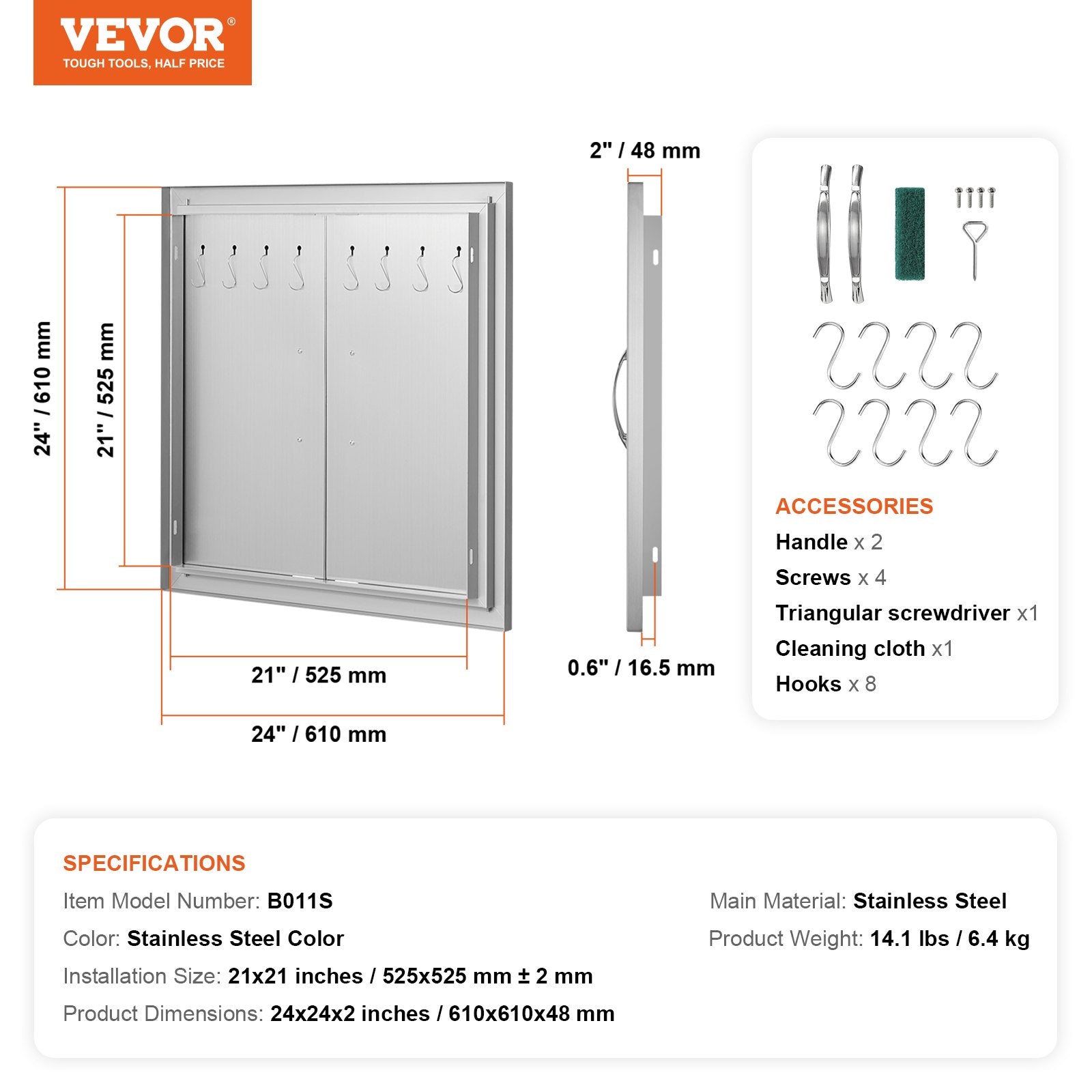 BBQs & Accessories: VEVOR BBQ Access Door, 610x610 mm Double Outdoor Kitchen Door, Stainless Steel Flush Mount Door, Double Wall Vertical Door with Handles and Hooks, for BBQ Island, Grilling Station, Outside Cabinet
