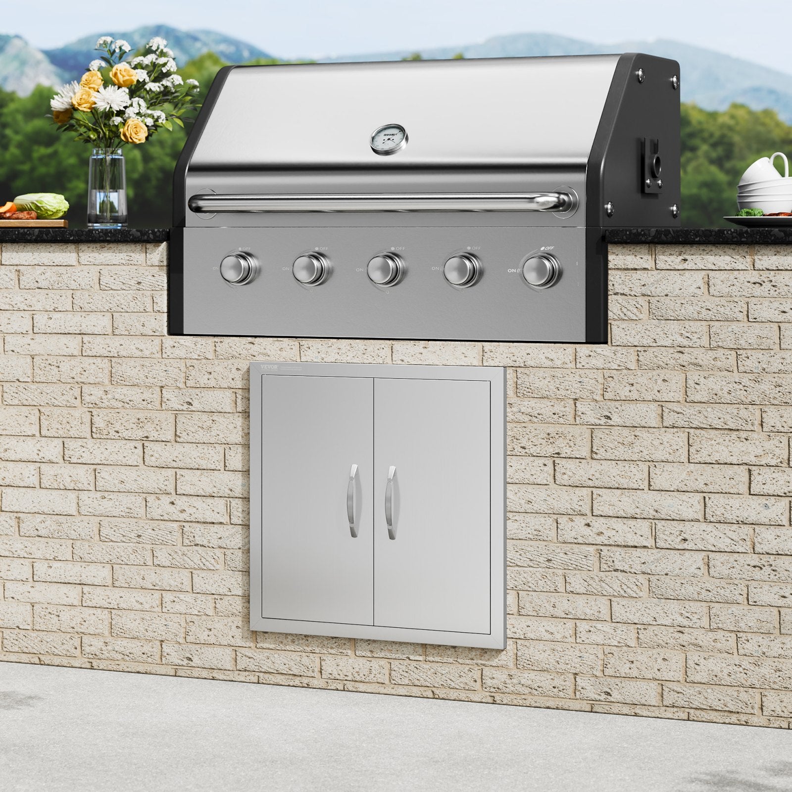 BBQs & Accessories: VEVOR BBQ Access Door, 610x610 mm Double Outdoor Kitchen Door, Stainless Steel Flush Mount Door, Double Wall Vertical Door with Handles and Hooks, for BBQ Island, Grilling Station, Outside Cabinet