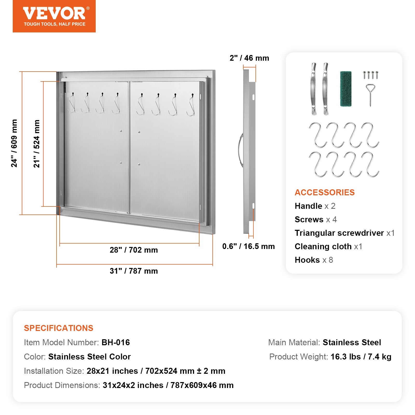 BBQs & Accessories: VEVOR BBQ Access Door, 787x609 mm Double Outdoor Kitchen Door, Stainless Steel Flush Mount Door, Double Wall Vertical Door with Handles and Hooks, for BBQ Island, Grilling Station, Outside Cabinet