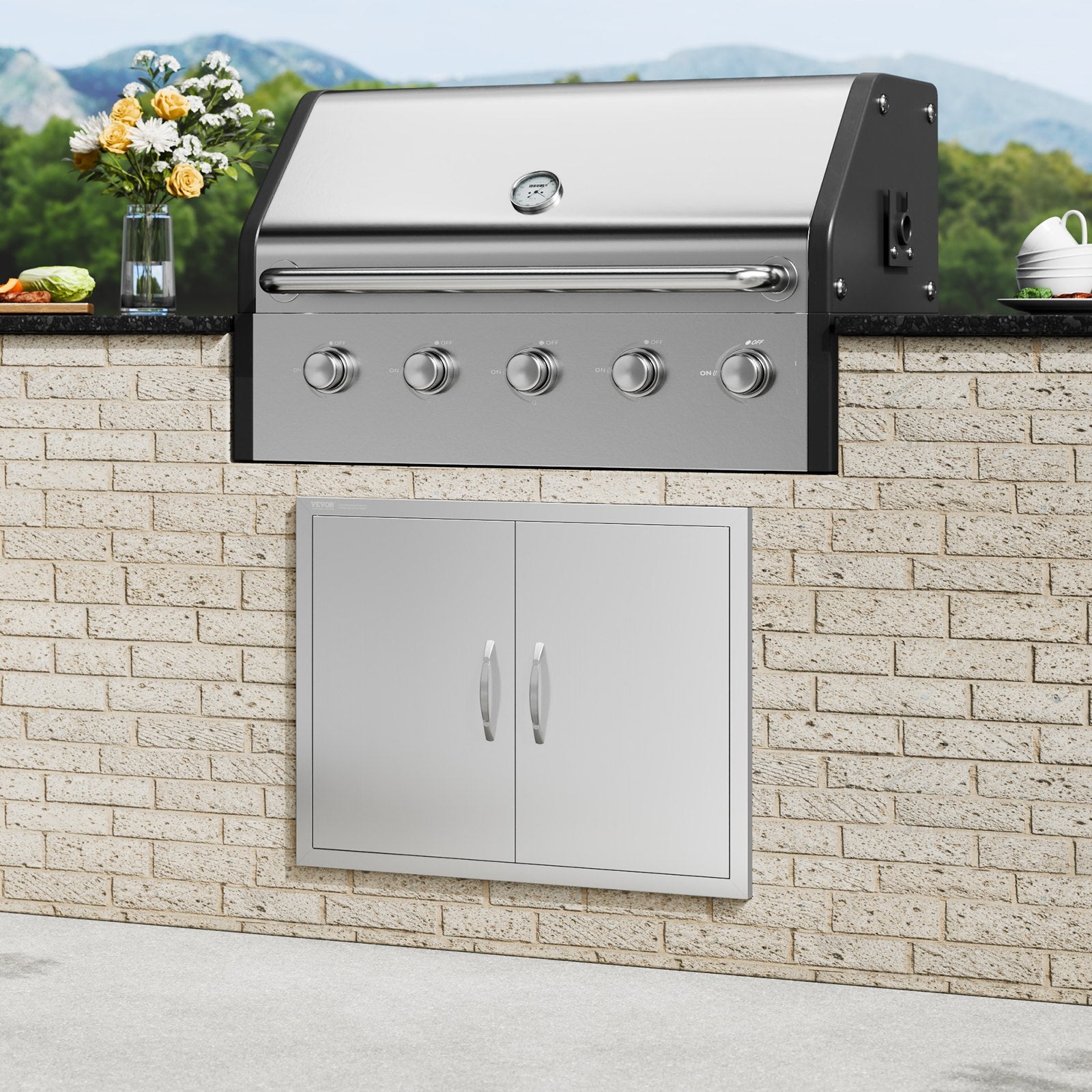 BBQs & Accessories: VEVOR BBQ Access Door, 787x609 mm Double Outdoor Kitchen Door, Stainless Steel Flush Mount Door, Double Wall Vertical Door with Handles and Hooks, for BBQ Island, Grilling Station, Outside Cabinet