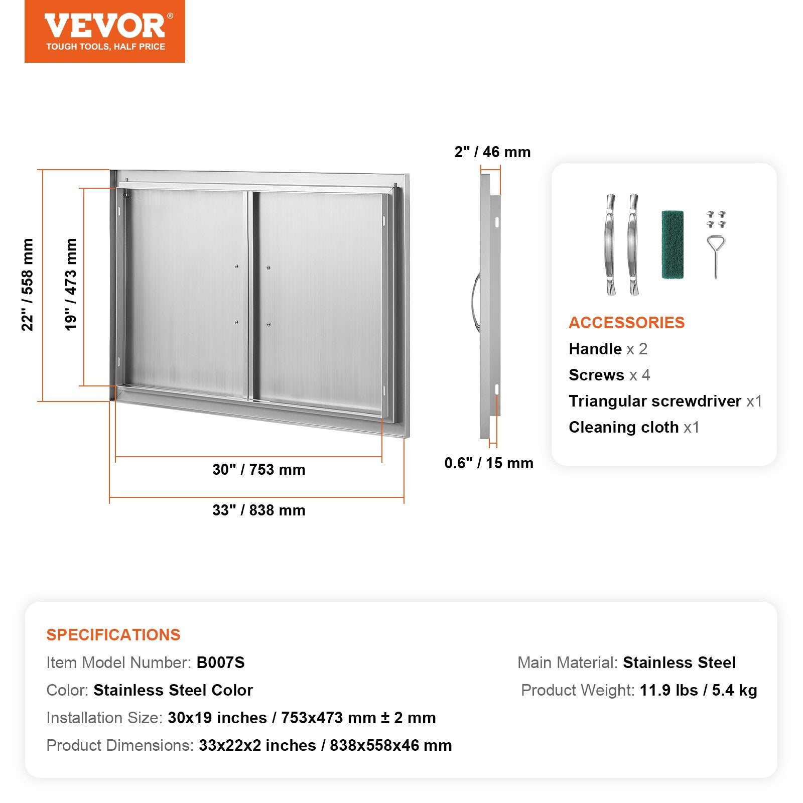BBQs & Accessories: VEVOR BBQ Access Door, 838x558 mm Double Outdoor Kitchen Door, Stainless Steel Flush Mount Door, Wall Vertical Door with Handles, for BBQ Island, Grilling Station, Outside Cabinet
