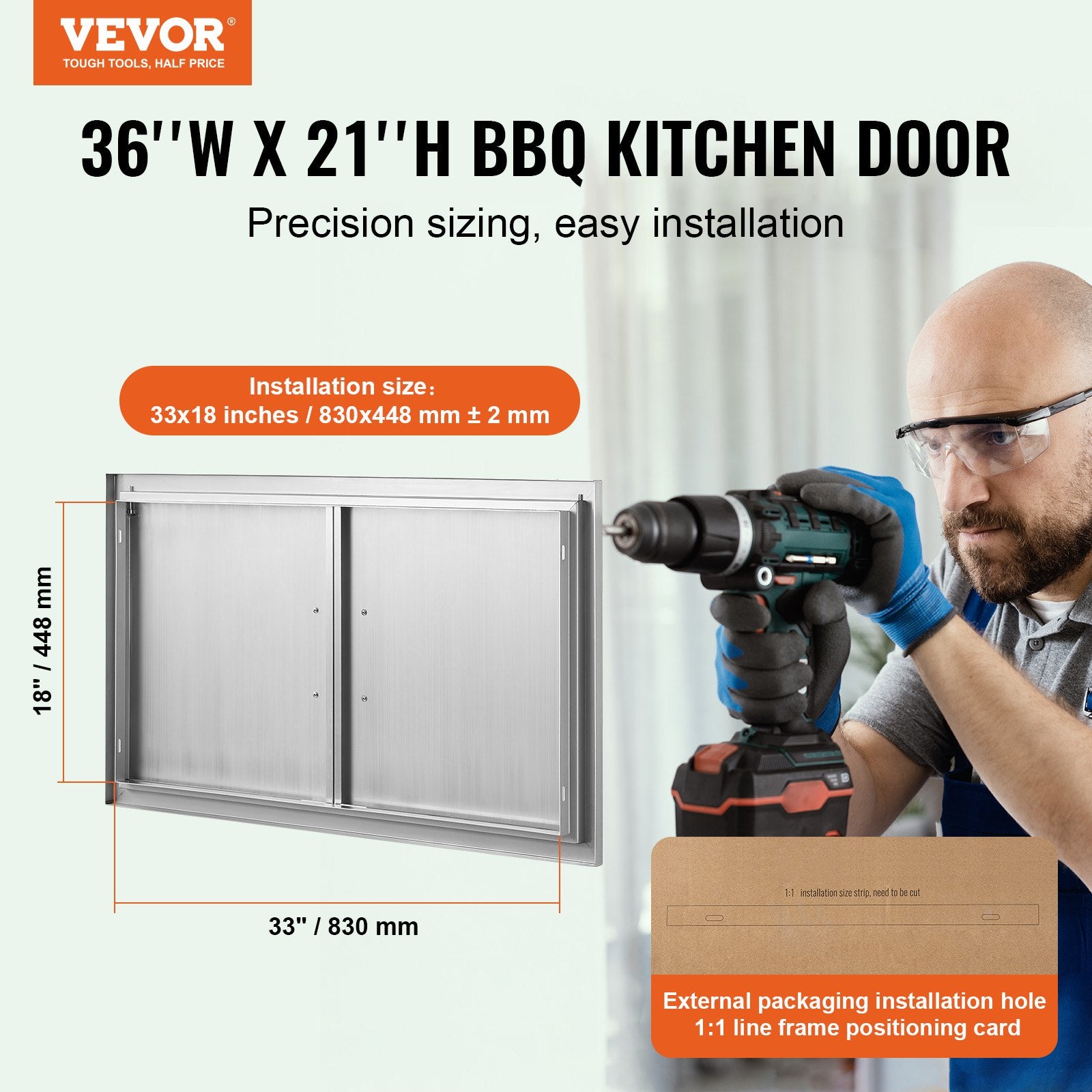 BBQ Access Door, 915x533 mm Double Outdoor Kitchen Door, Stainless Steel Flush Mount Door, Wall Vertical Door with Handles, for BBQ Island, Grilling Station, Outside Cabinet