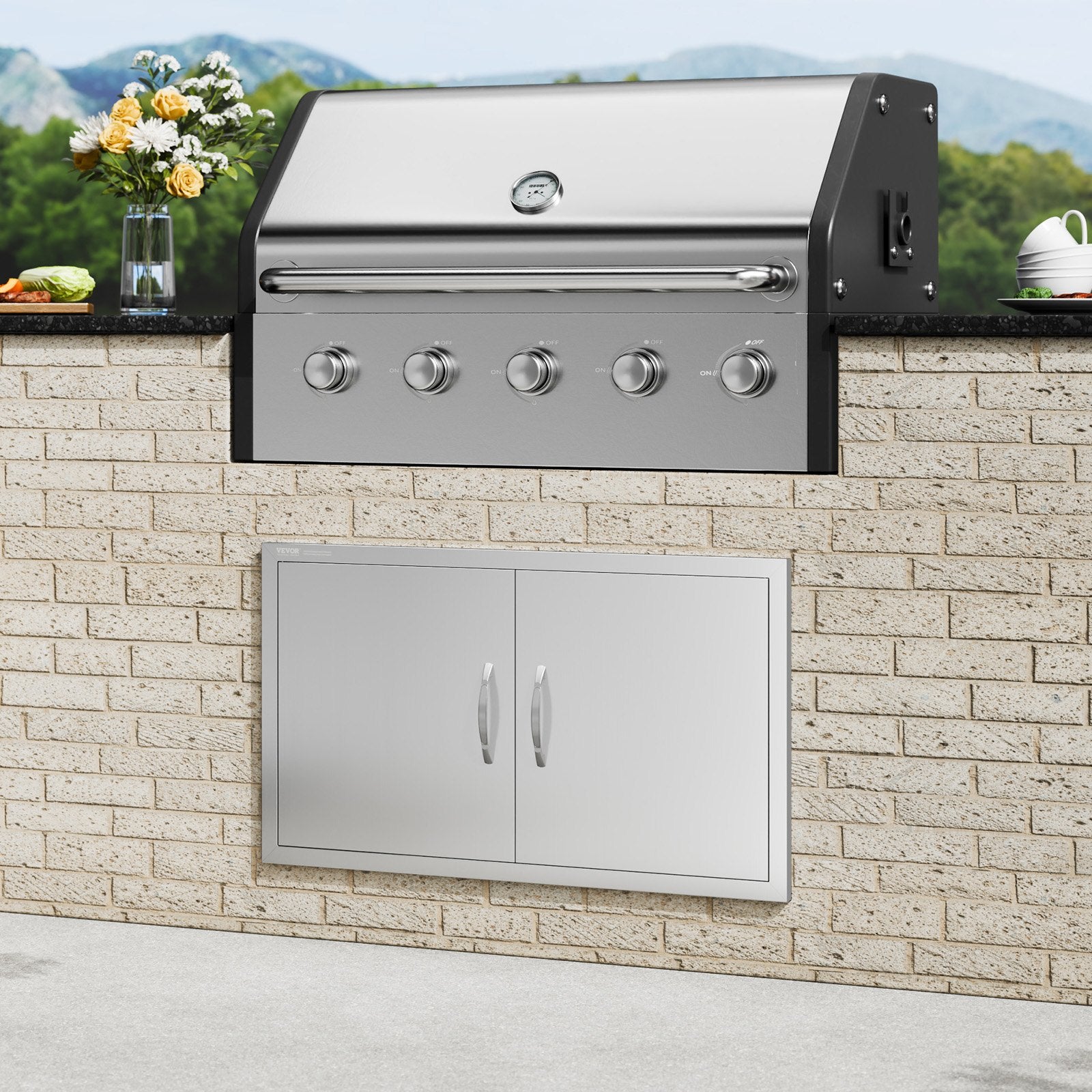 BBQ Access Door, 915x533 mm Double Outdoor Kitchen Door, Stainless Steel Flush Mount Door, Wall Vertical Door with Handles, for BBQ Island, Grilling Station, Outside Cabinet
