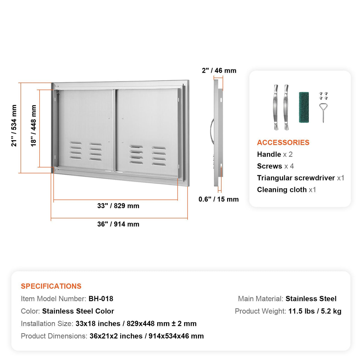 BBQ Access Door, 914x534 mm Double Outdoor Kitchen Door, Stainless Steel Flush Mount Door, Wall Vertical Door with Handles and Vents, for BBQ Island, Grilling Station, Outside Cabinet