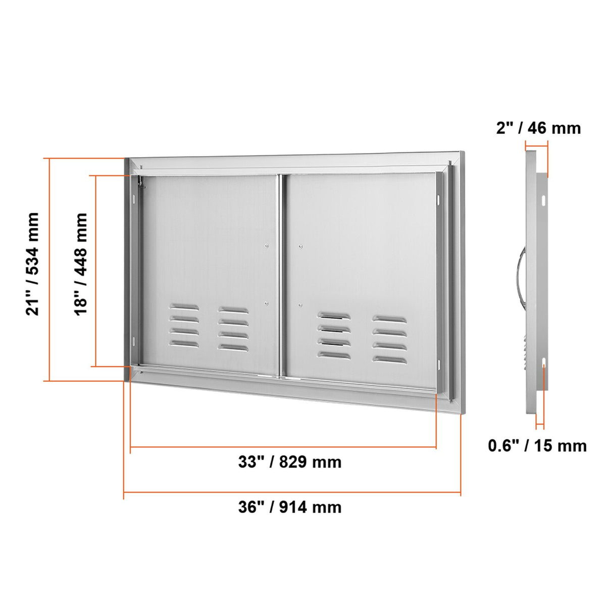 BBQ Access Door, 914x534 mm Double Outdoor Kitchen Door, Stainless Steel Flush Mount Door, Wall Vertical Door with Handles and Vents, for BBQ Island, Grilling Station, Outside Cabinet