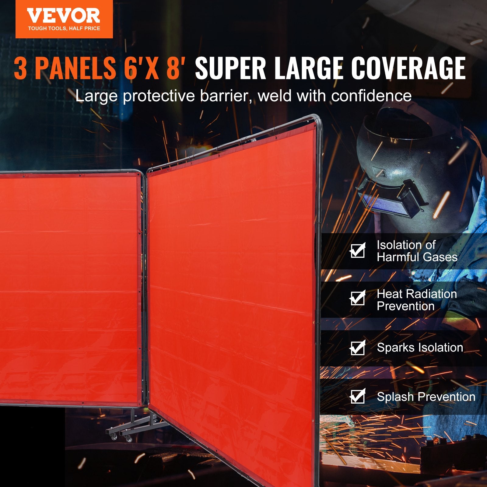 Automotive Repair & Speciality Tools: VEVOR Welding Screen with Frame 3 Panel 6' x 8' Welding Curtain Screen 12 Wheels
