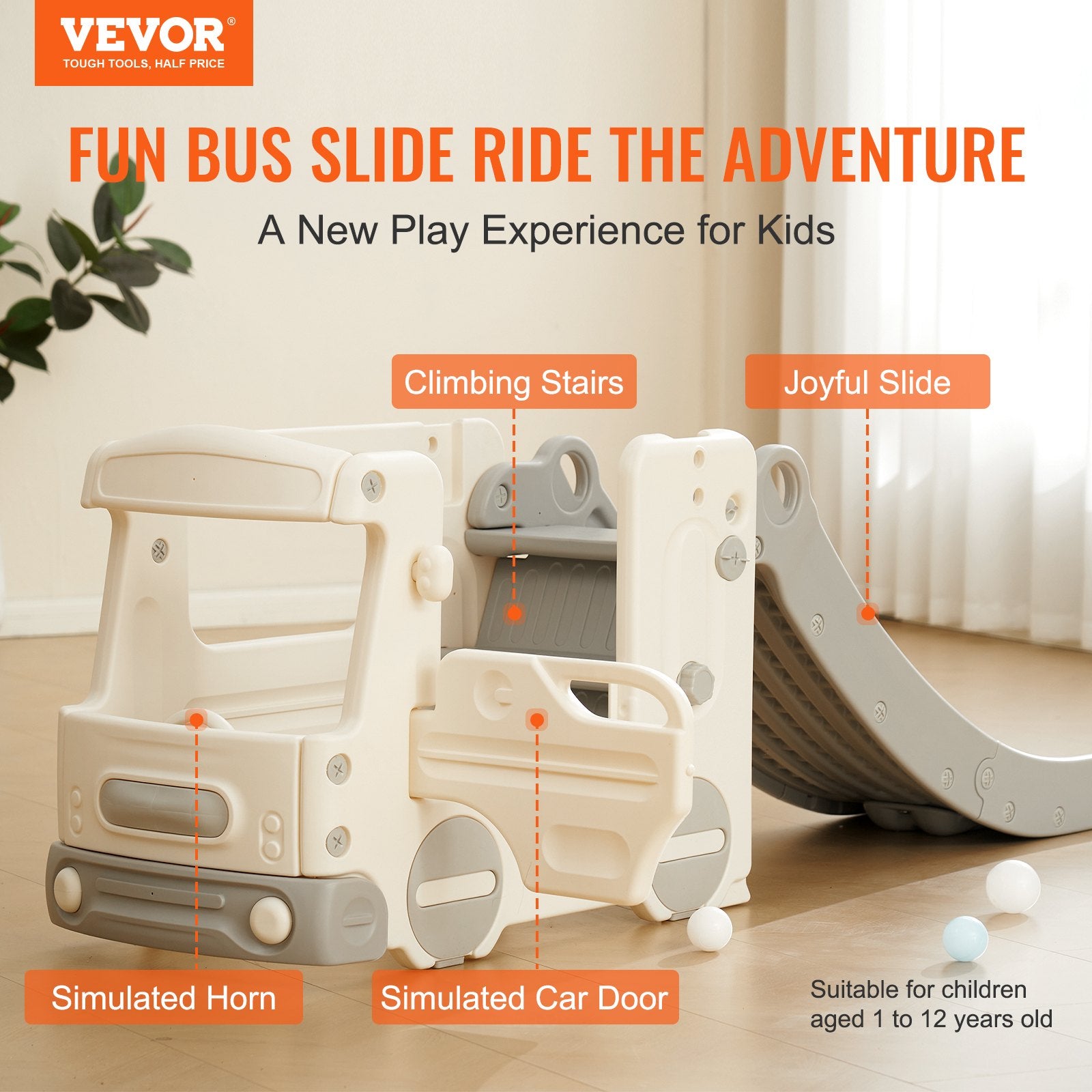 Outdoor Play Equipment: VEVOR Toddler Slide, Kid Slide for Toddlers Age 1-12 with Climbable Ladders & Bus Playhouse, Indoor Outdoor Slide Playset for Kids Within 50kg, Toddler Playground w/ Raised Handrail, Anti-Slip Strip