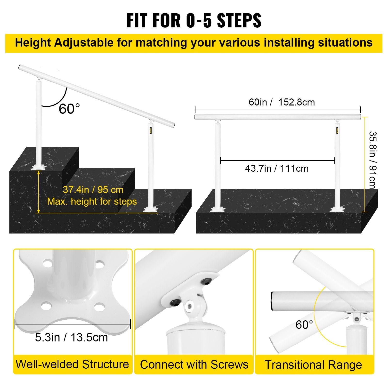 Door Hardware: VEVOR Outdoor Stair Railing Kit, 5 FT Handrails 0-5 Steps, Adjustable Angle White Aluminum Stair Hand Rail for The Elderly, Handrails for Outdoor Steps