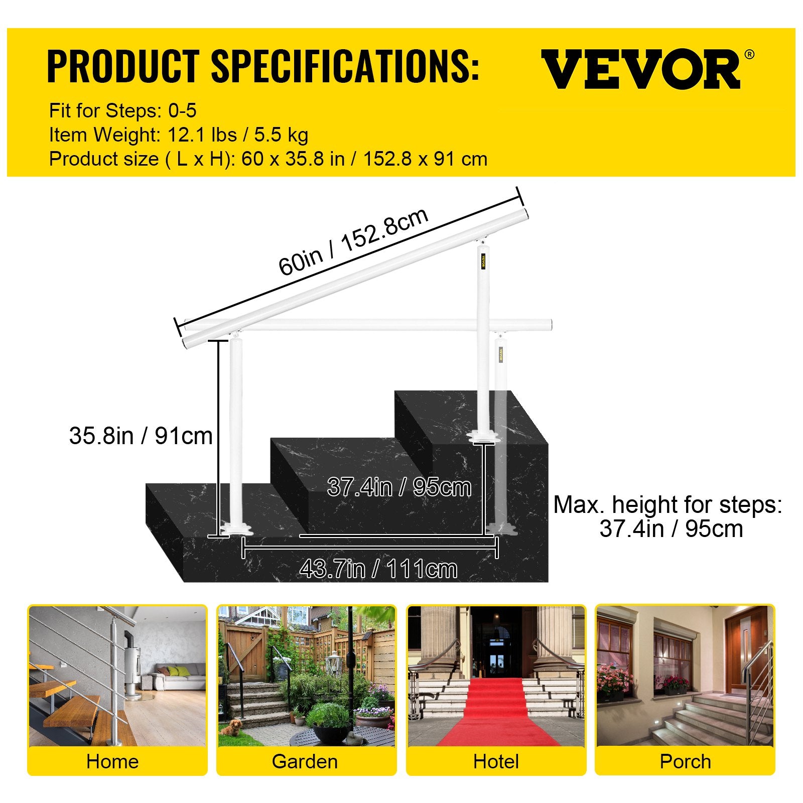 Door Hardware: VEVOR Outdoor Stair Railing Kit, 5 FT Handrails 0-5 Steps, Adjustable Angle White Aluminum Stair Hand Rail for The Elderly, Handrails for Outdoor Steps