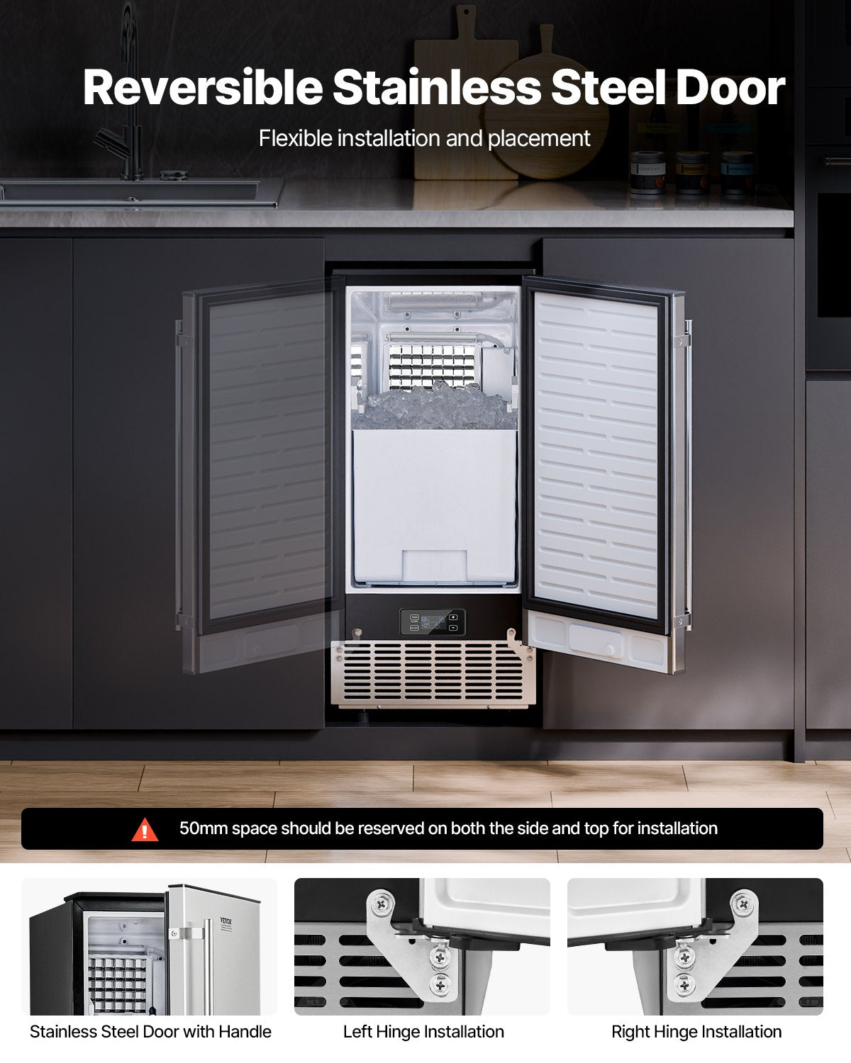Undercounter Built-in Ice Maker, 80 Lbs/Day Under Counter Ice Maker Machine with Reversible Door Stainless Steel, Freestanding Ice Maker for Commercial Home Kitchen, Electric Drainage