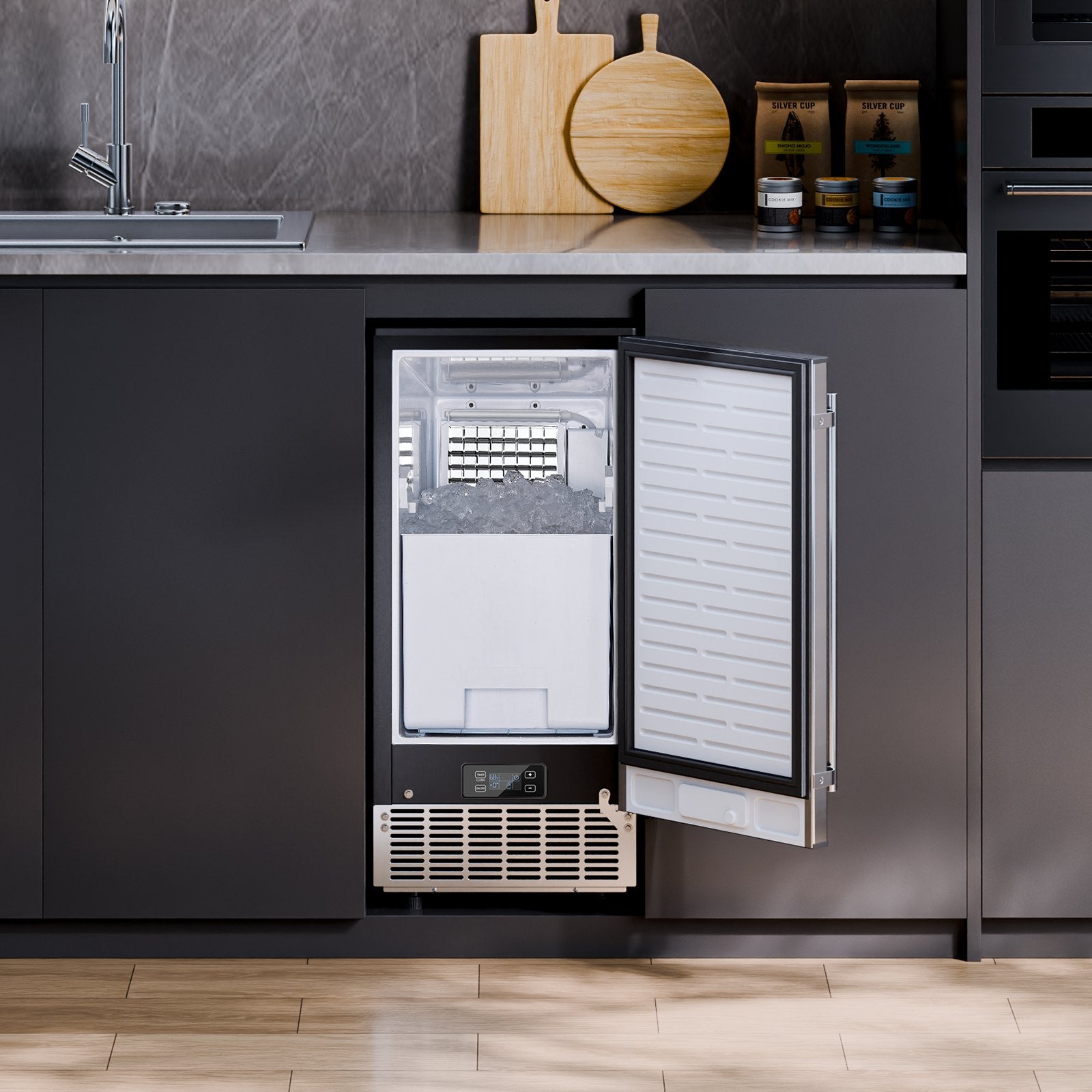 Undercounter Built-in Ice Maker, 80 Lbs/Day Under Counter Ice Maker Machine with Reversible Door Stainless Steel, Freestanding Ice Maker for Commercial Home Kitchen, Electric Drainage