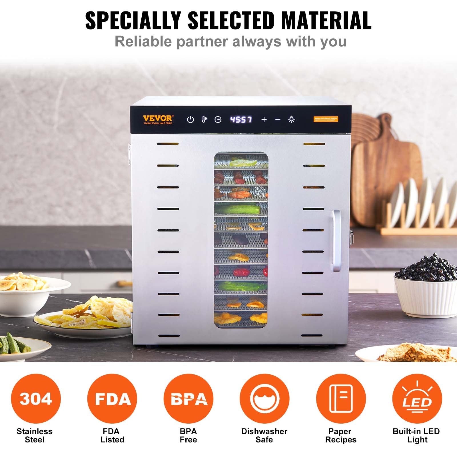 Food Dehydrators: VEVOR 10 Trays Food Dehydrator Machine Stainless Steel 1000W Jerky Fruit Drying