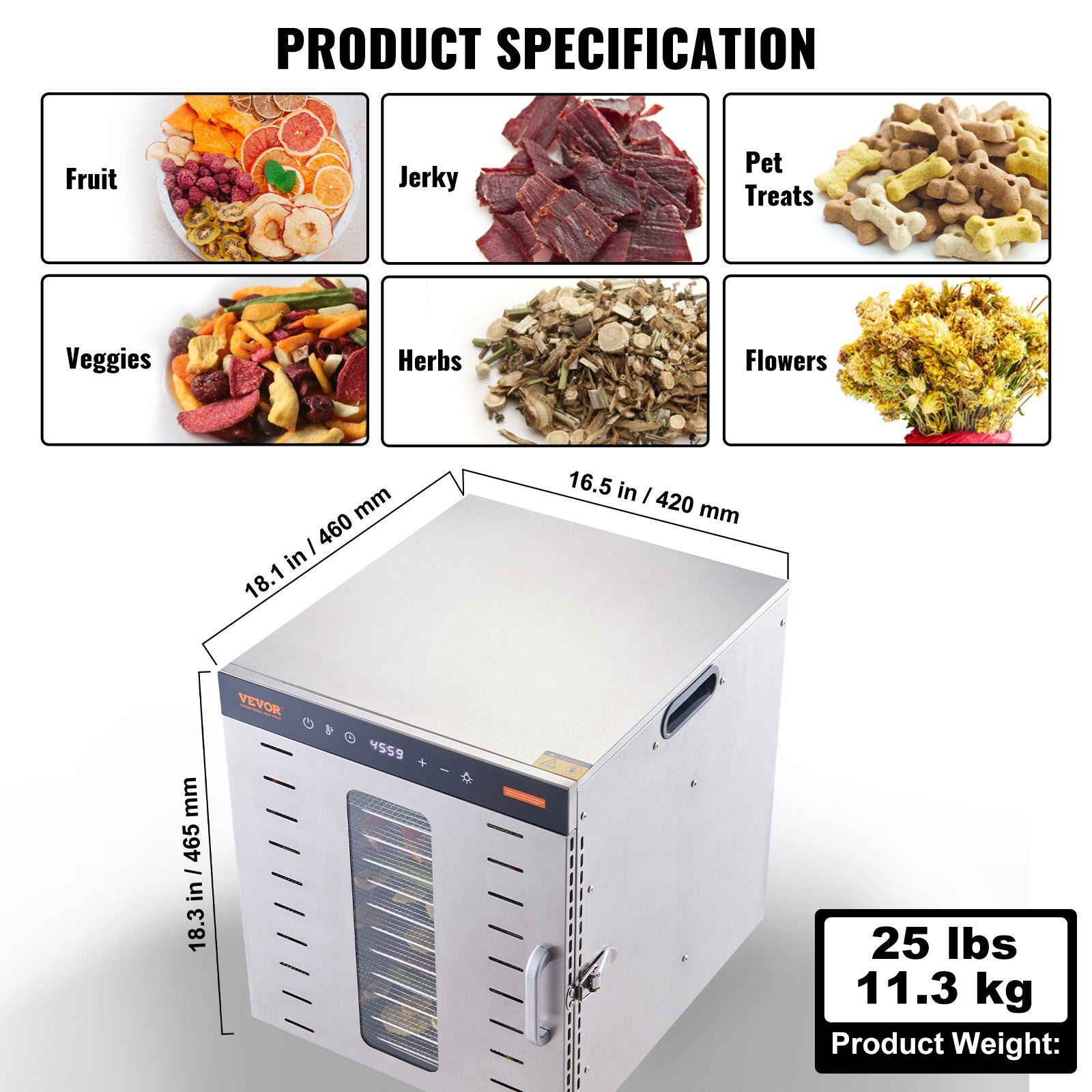 Food Dehydrators: VEVOR 10 Trays Food Dehydrator Machine Stainless Steel 1000W Jerky Fruit Drying