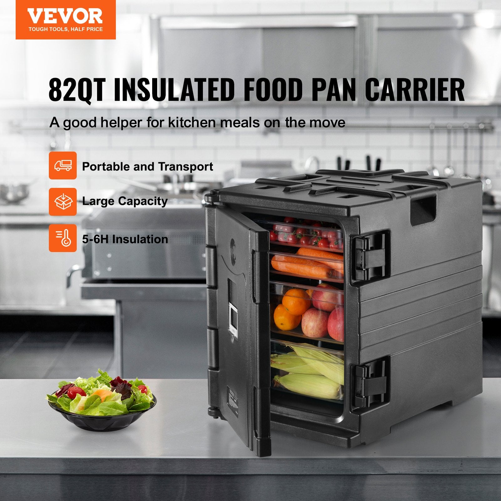Food Storage: VEVOR Insulated Food Pan Carrier, 82 Qt Hot Box for Catering, LLDPE Food Box Carrier w/ Double Buckles, Front Loading Food Warmer w/ Handles, Stackable End Loader for Restaurant, Canteen, etc. Black