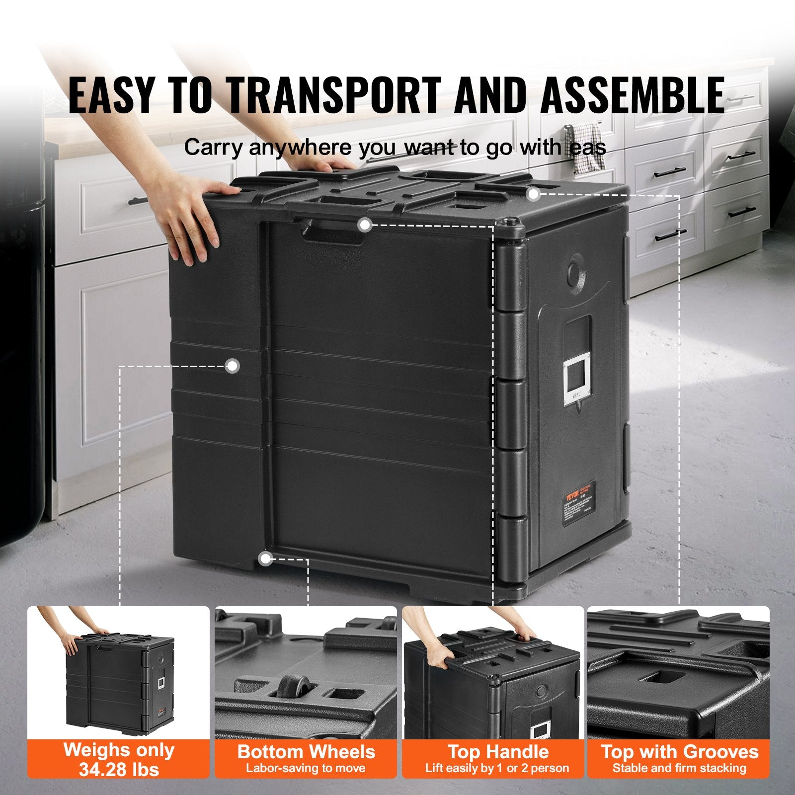 Food Storage: VEVOR Insulated Food Pan Carrier, 82 Qt Hot Box for Catering, LLDPE Food Box Carrier w/ Double Buckles, Front Loading Food Warmer w/ Handles, Stackable End Loader for Restaurant, Canteen, etc. Black