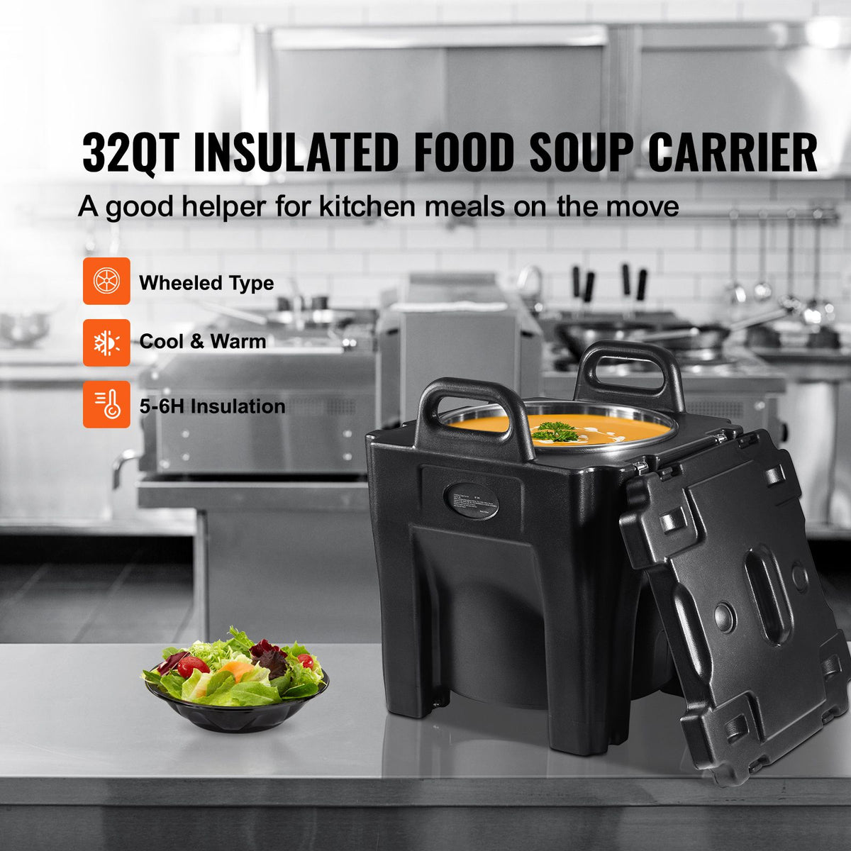 Insulated Food Carrier, 30L Capacity, Stackable Catering Hot Box with Stainless Steel Barrel, Top Load LLDPE Food Warmer with Integral Handles Buckles Stationary Base, for Restaurant Canteen, B