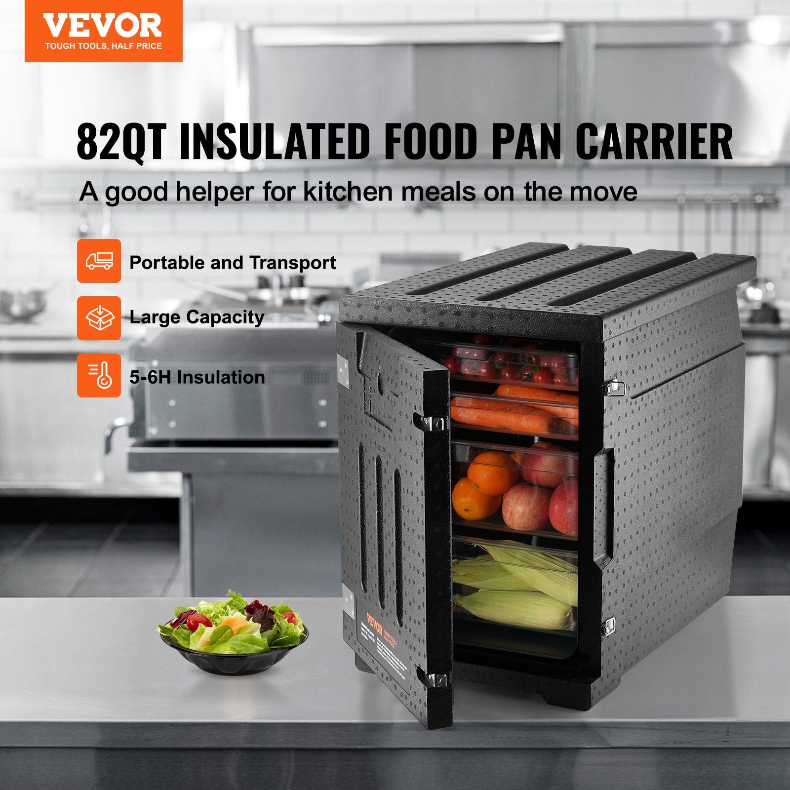 Insulated Food Pan Carrier, 90L Hot Box for Catering, LLDPE Food Box Carrier with Double Buckles, Front Loading Food Warmer for Restaurant, Canteen, etc.