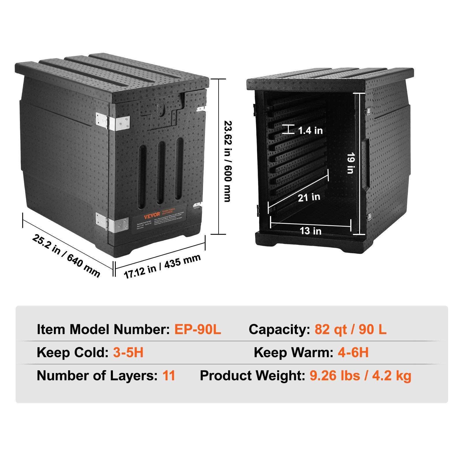 Insulated Food Pan Carrier, 90L Hot Box for Catering, LLDPE Food Box Carrier with Double Buckles, Front Loading Food Warmer for Restaurant, Canteen, etc.