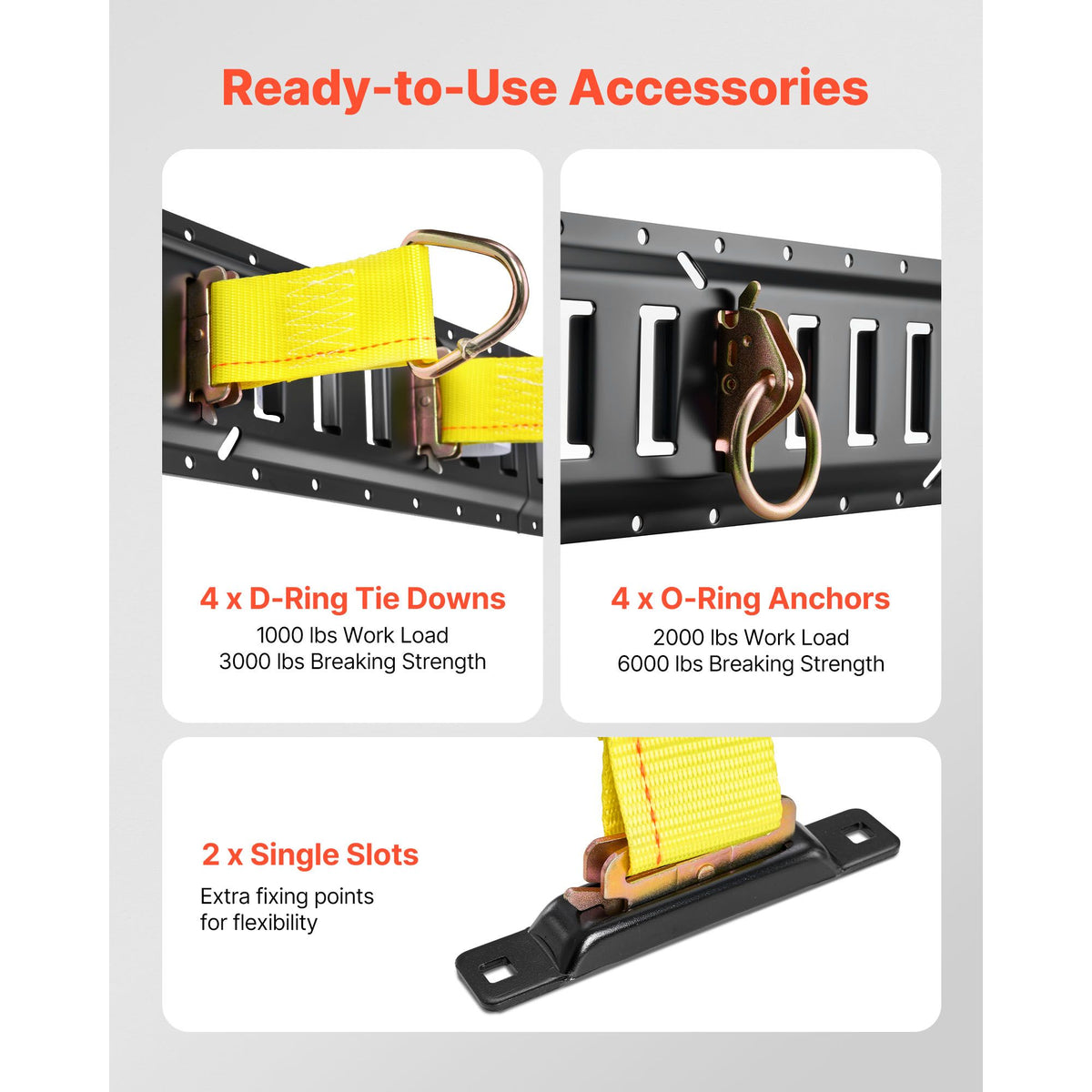 E-Track Tie-Down Rail Kit, 4 Pack 0.4 m E Tracks Set, 21 Pcs Includes 2 Ratchet Straps & 4 O-Rings & 4 Tie-Offs with D-Ring & 2 Single Slots & 8 End Caps & 1 Bag, Fit for Garages Vans Trailers