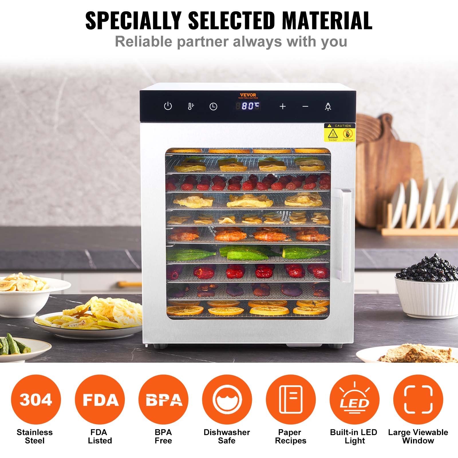 Food Dehydrators: VEVOR 10 Trays Food Dehydrator Machine Stainless Steel 800W Jerky Fruit Drying