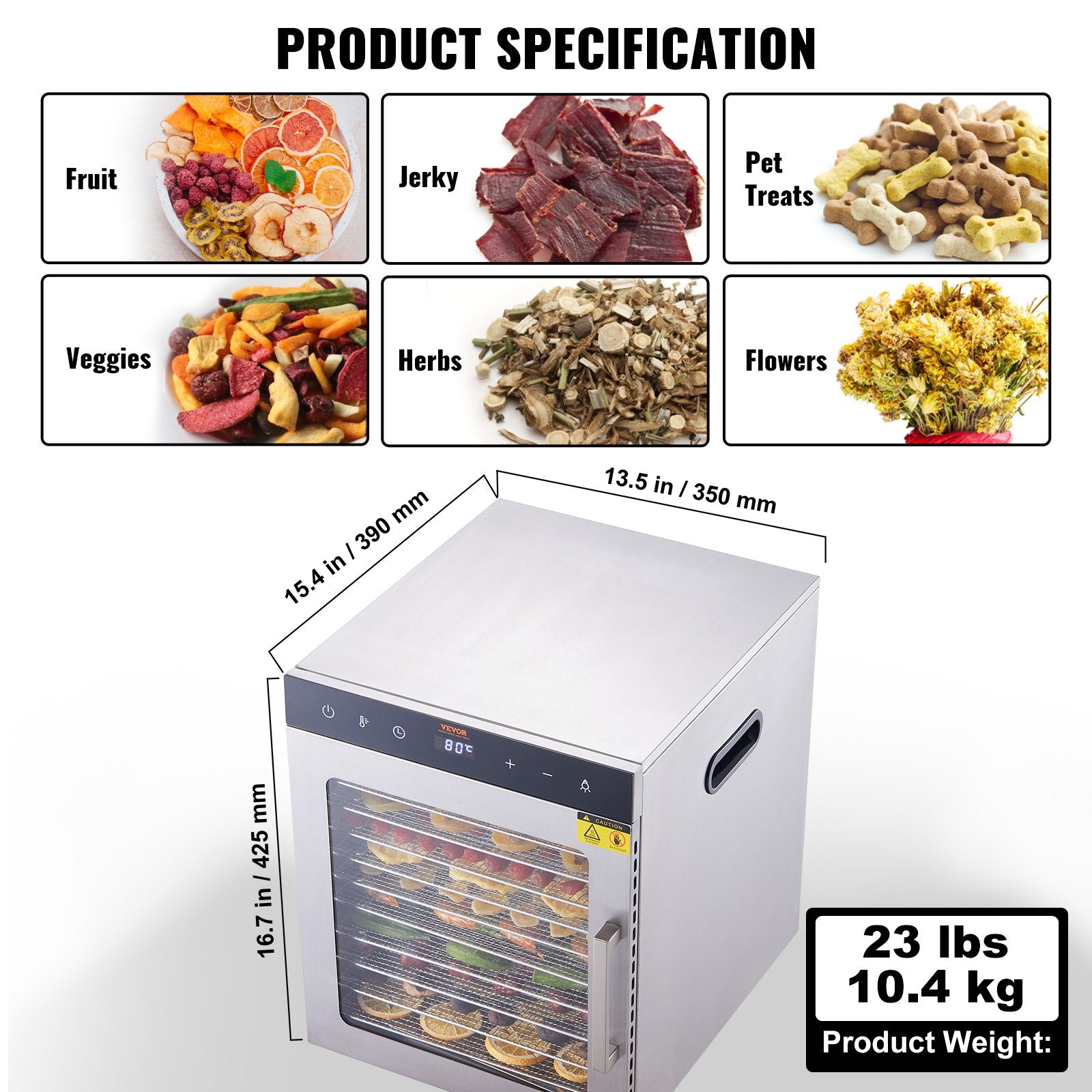 Food Dehydrators: VEVOR 10 Trays Food Dehydrator Machine Stainless Steel 800W Jerky Fruit Drying