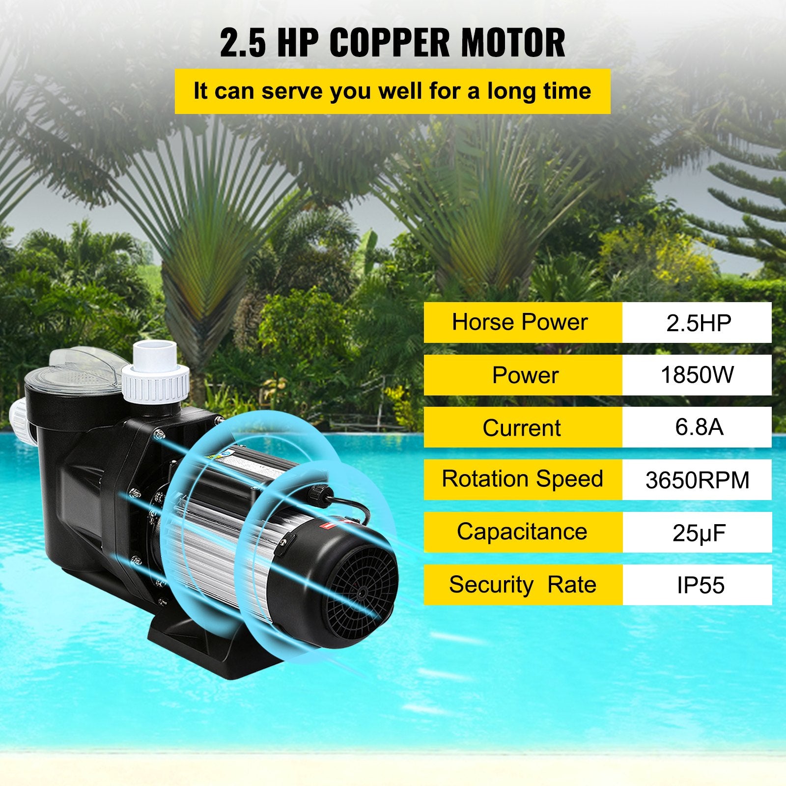 Fountain & Ponds Accessories: VEVOR Swimming Pool Filter Pump 2.5HP, 1850W Swimming Pool Pump 148GPM, Single Speed Filter for Spa Water Circulation Above Ground Apply Swimming Pool, Bathtub