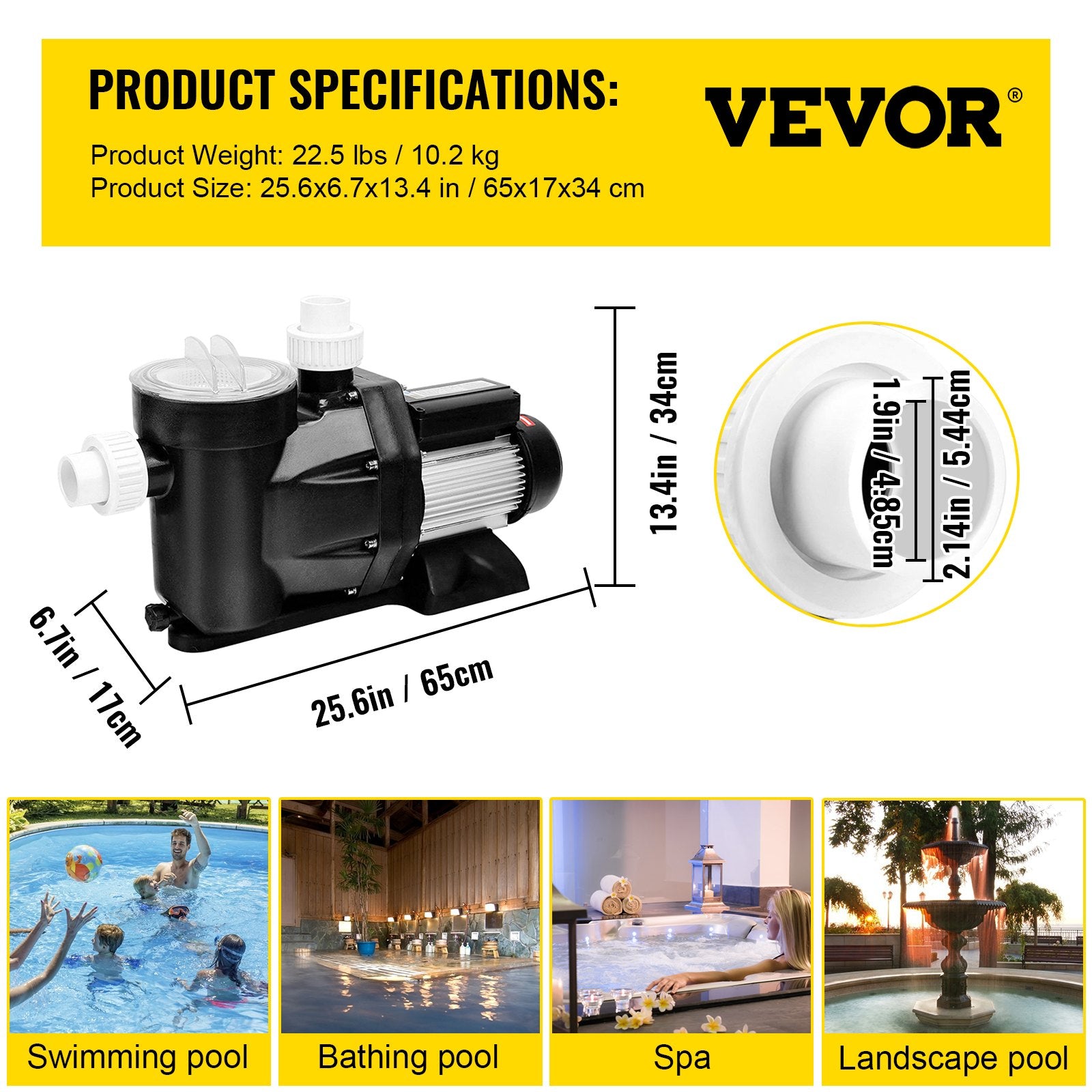Fountain & Ponds Accessories: VEVOR Swimming Pool Filter Pump 2.5HP, 1850W Swimming Pool Pump 148GPM, Single Speed Filter for Spa Water Circulation Above Ground Apply Swimming Pool, Bathtub