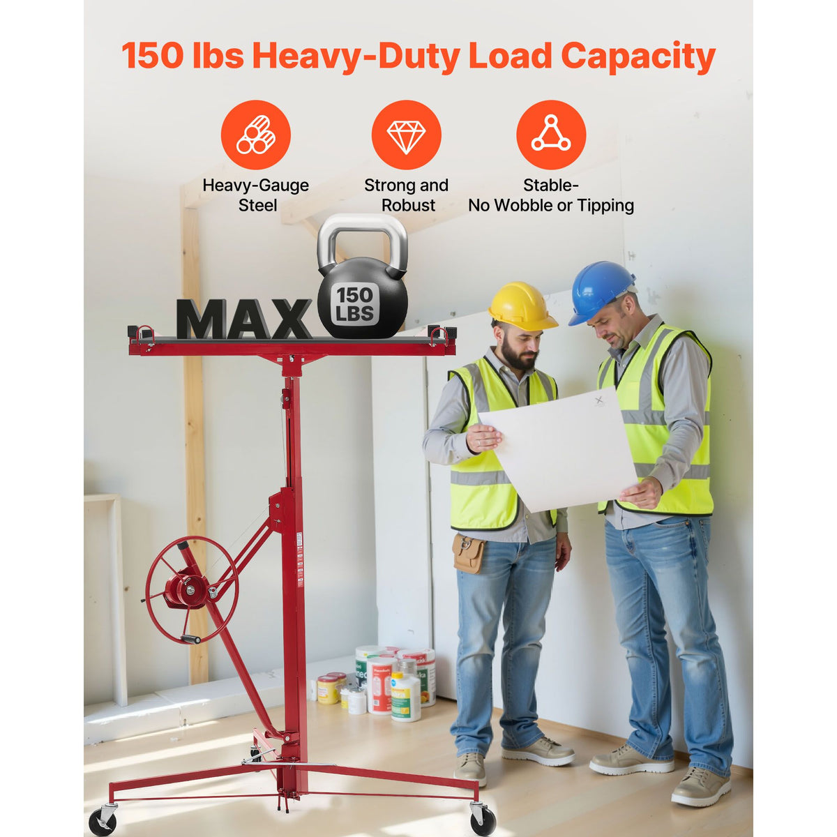 3353mm Drywall Lift, Heavy-Duty 68 kg Sheetrock Hoist with Adjustable Telescoping Arm, Lockable Wheels, Drywall Lifter Panel Jack Hoist Tools Ideal for Ceiling & Wall Installation (Red)