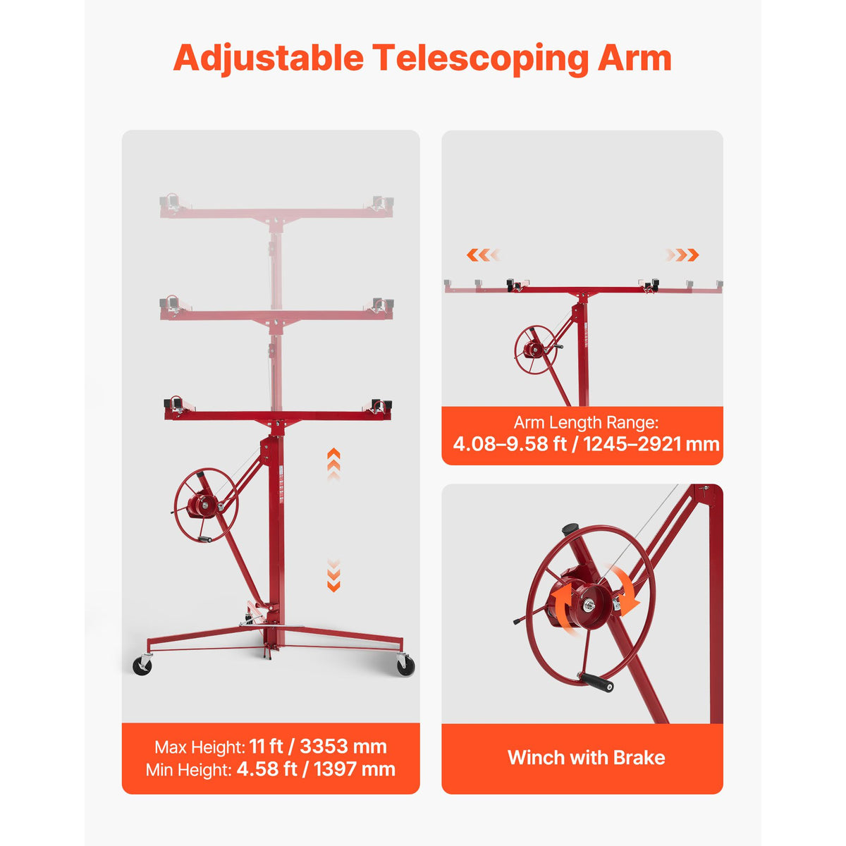 3353mm Drywall Lift, Heavy-Duty 68 kg Sheetrock Hoist with Adjustable Telescoping Arm, Lockable Wheels, Drywall Lifter Panel Jack Hoist Tools Ideal for Ceiling & Wall Installation (Red)