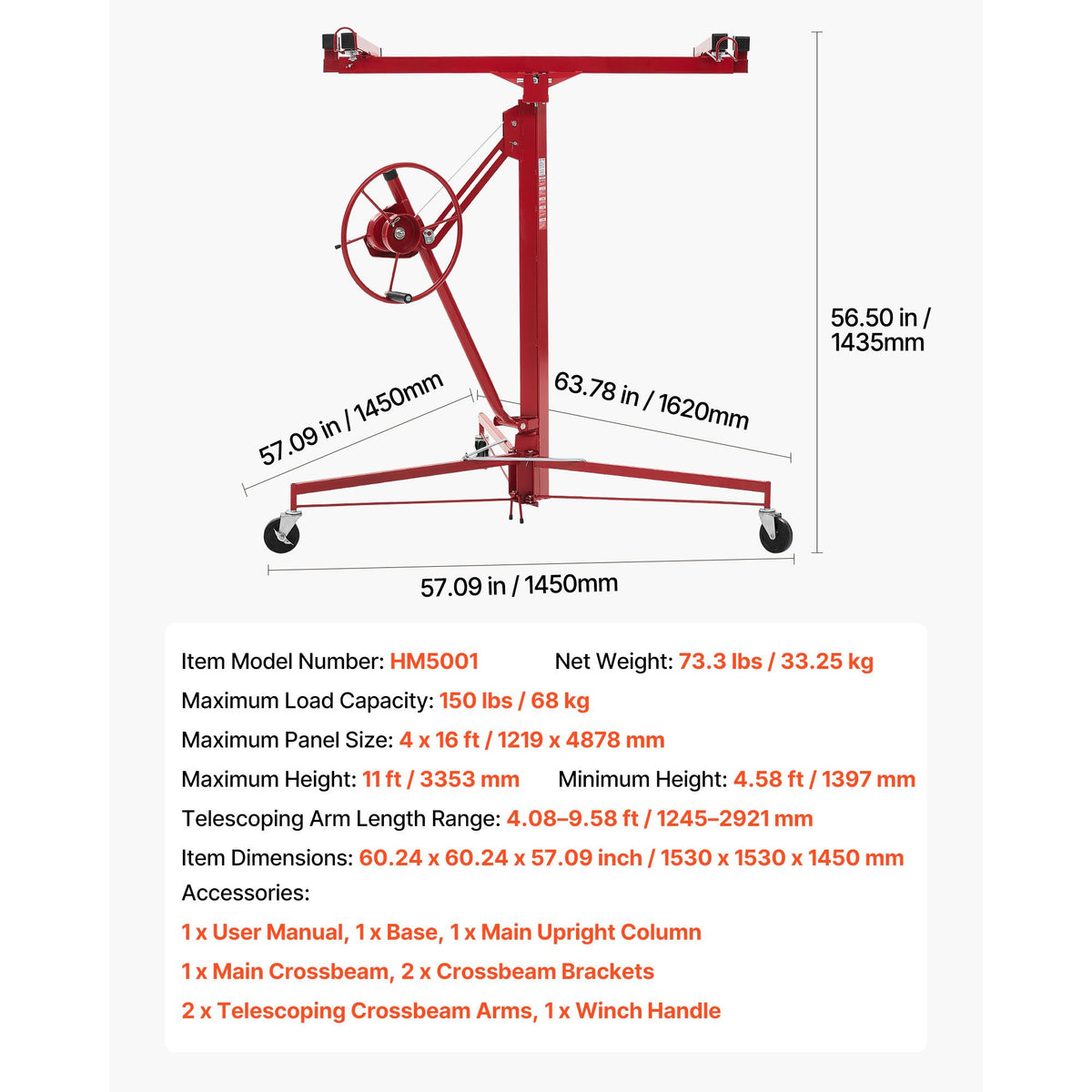 3353mm Drywall Lift, Heavy-Duty 68 kg Sheetrock Hoist with Adjustable Telescoping Arm, Lockable Wheels, Drywall Lifter Panel Jack Hoist Tools Ideal for Ceiling & Wall Installation (Red)