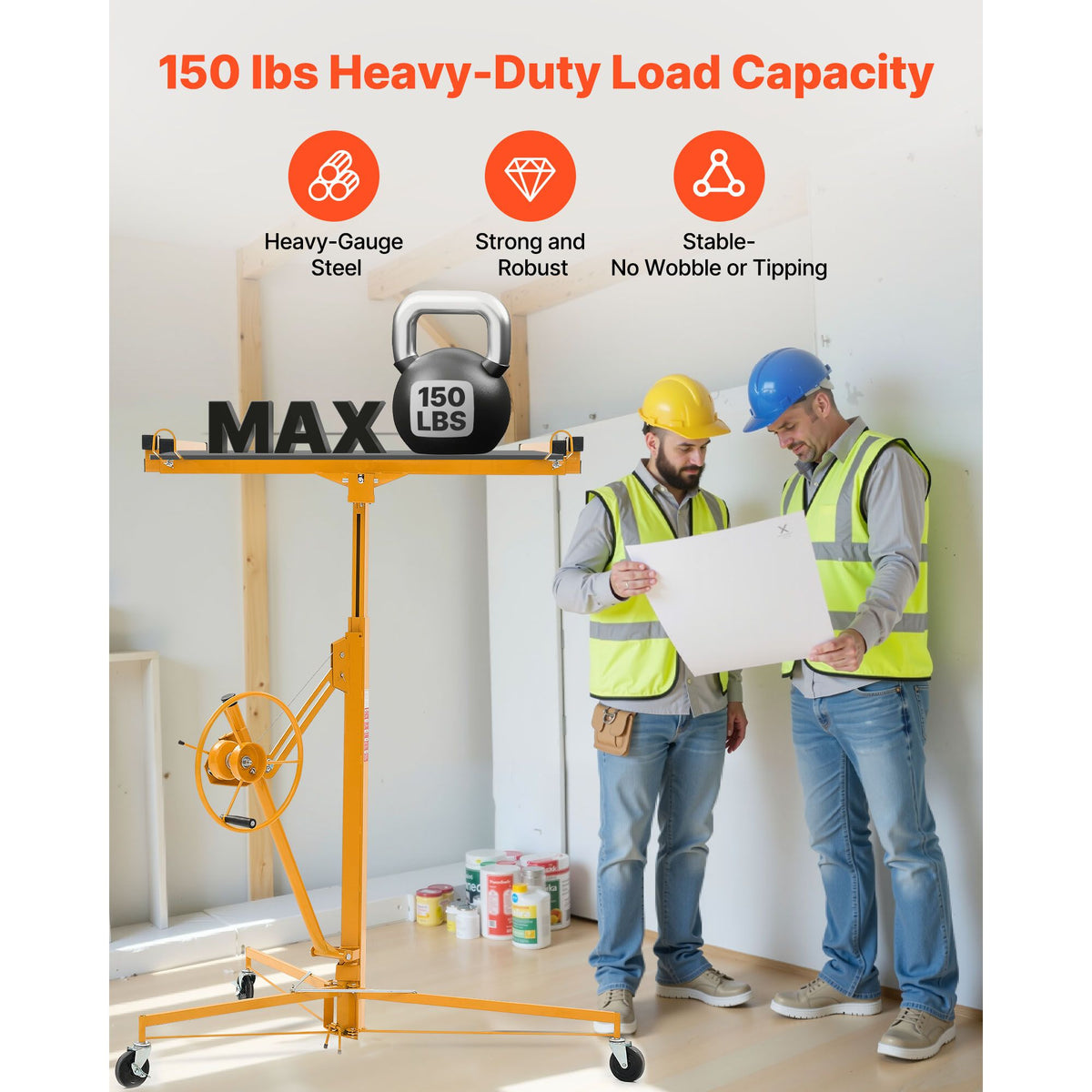 3353mm Drywall Lift, Heavy-Duty 68 kg Sheetrock Hoist with Adjustable Telescoping Arm, Lockable Wheels, Drywall Lifter Panel Jack Hoist Tools Ideal for Ceiling & Wall Installation (Yellow)