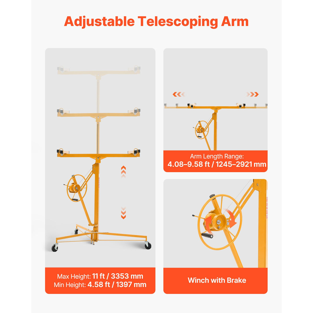 3353mm Drywall Lift, Heavy-Duty 68 kg Sheetrock Hoist with Adjustable Telescoping Arm, Lockable Wheels, Drywall Lifter Panel Jack Hoist Tools Ideal for Ceiling & Wall Installation (Yellow)