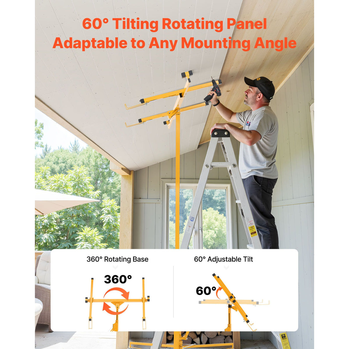 3353mm Drywall Lift, Heavy-Duty 68 kg Sheetrock Hoist with Adjustable Telescoping Arm, Lockable Wheels, Drywall Lifter Panel Jack Hoist Tools Ideal for Ceiling & Wall Installation (Yellow)